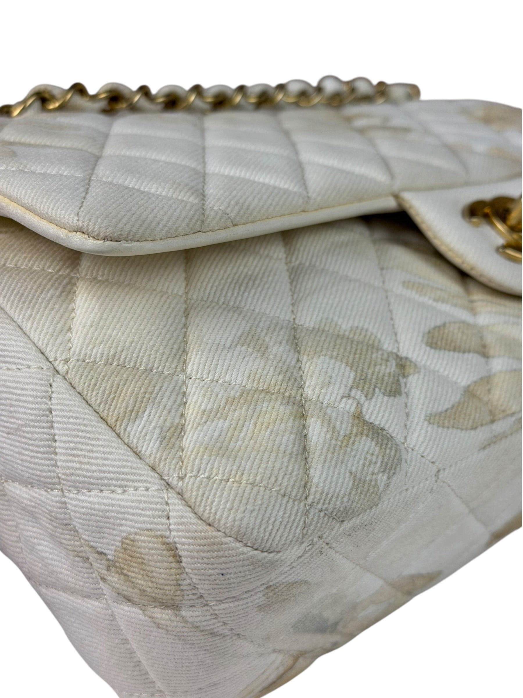 Chanel White Denim/Leather Trim Greek Collection Flower Double Flap Bag 2018