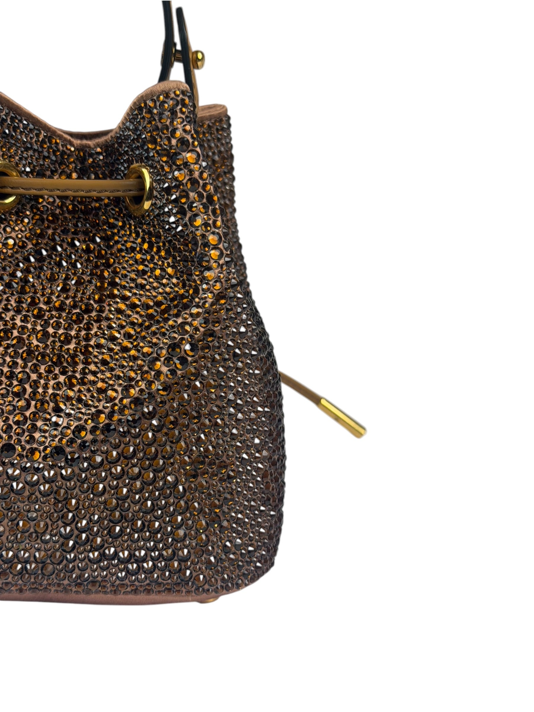 Versace La Medusa Brown Satin Crystal Embellished Mini Bucket Bag