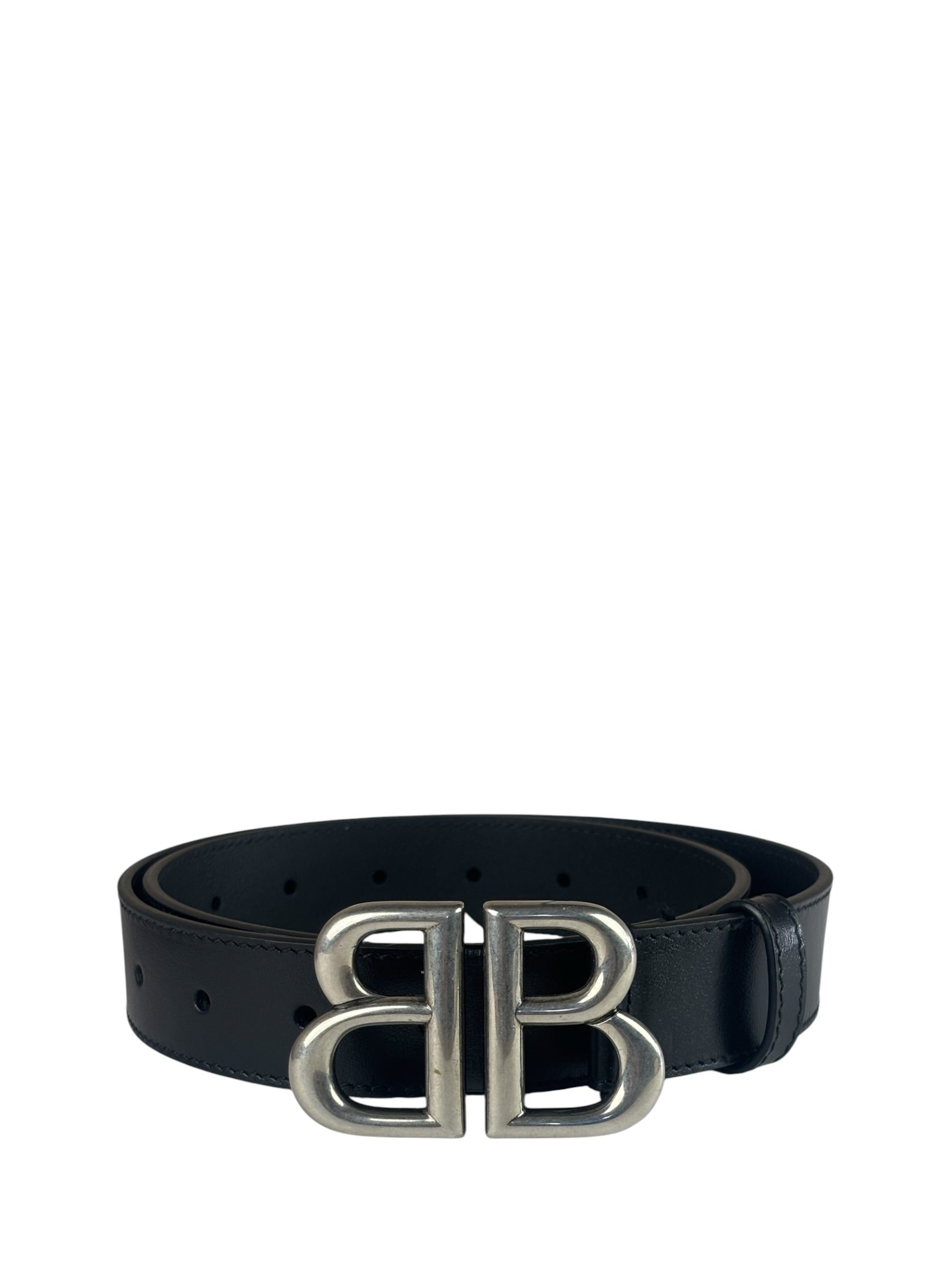 Balenciaga Black Leather BB Buckle Belt