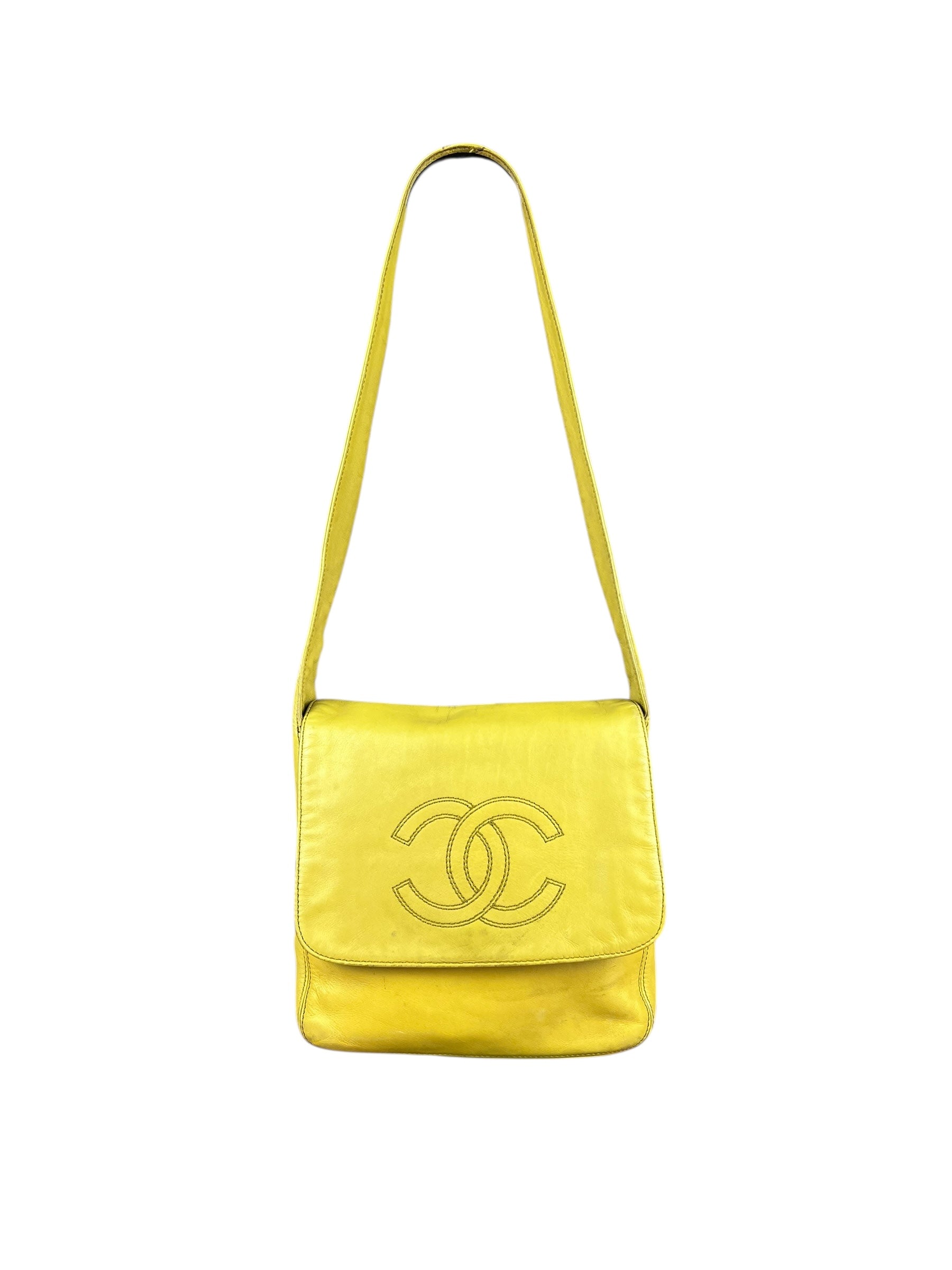 Chanel CC 1997 Chartreuse Leather Flap Shoulder Bag