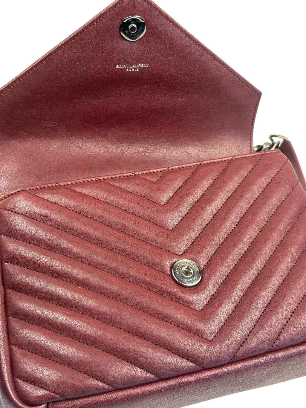 YSL Burgundy Chevron Lambskin Marmont College Two-Way Flap Bag