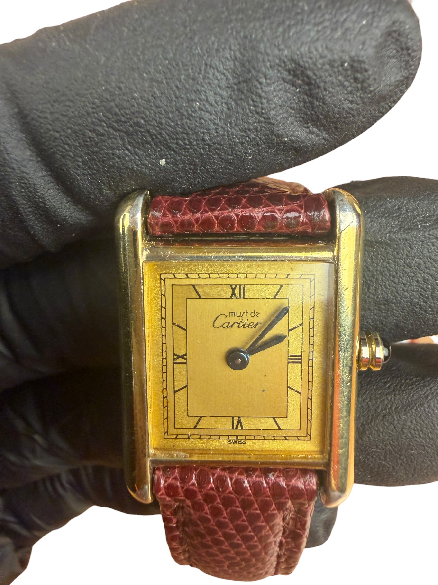 Cartier Must De Tank Champagne Dial Burgundy Lizard Strap
