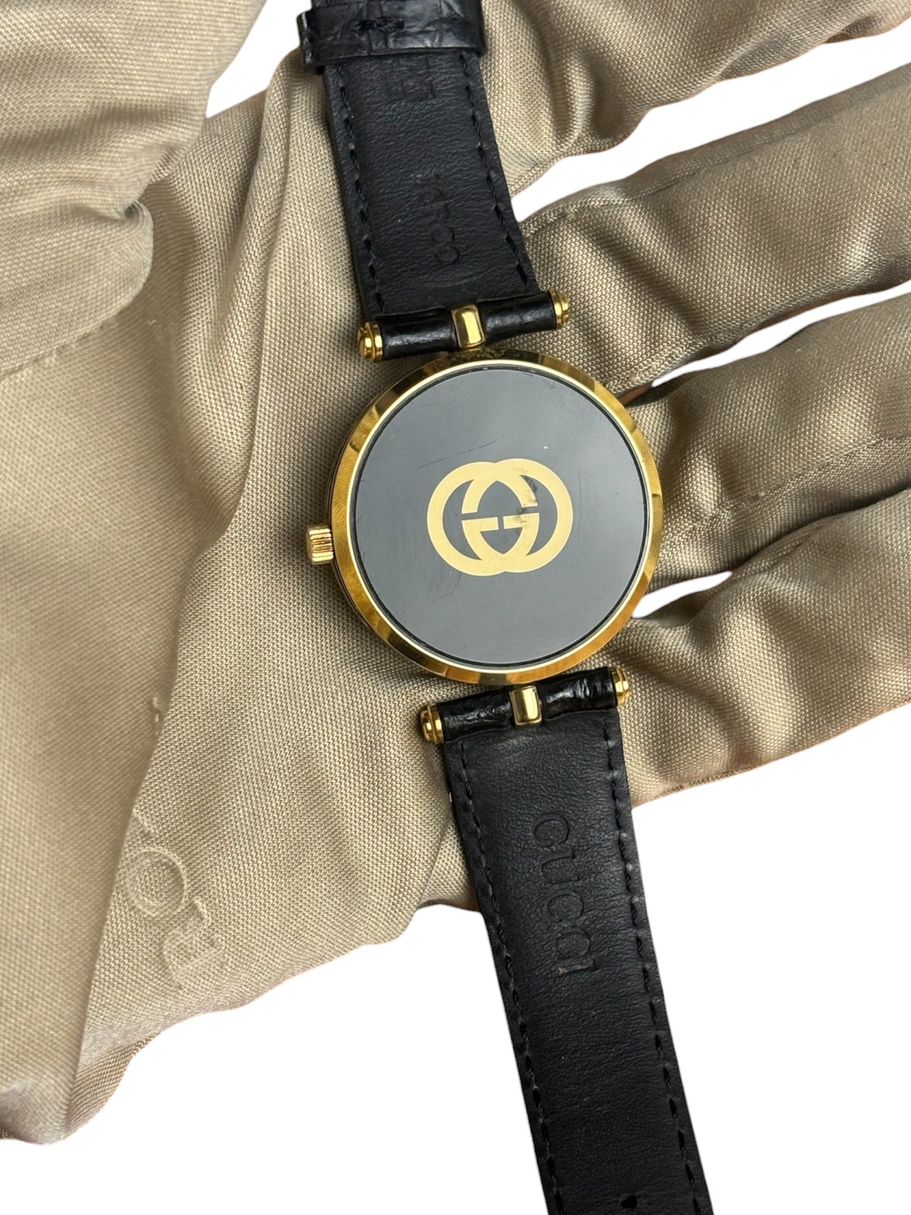 Gucci Vintage Black Leather Moonphase Triple Calendar Watch