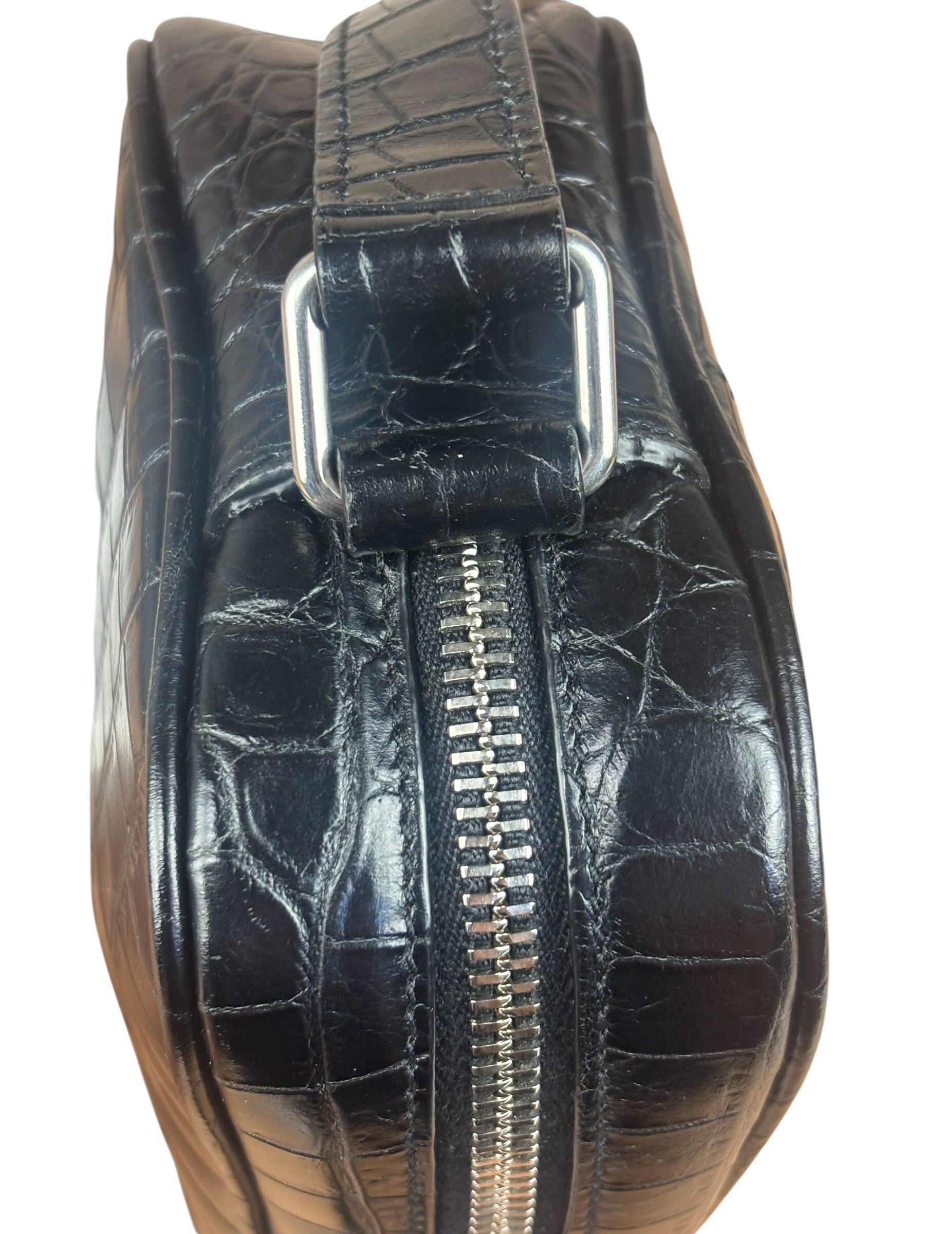 Saint Laurent Crocodile Embossed Leather Camera Bag Black