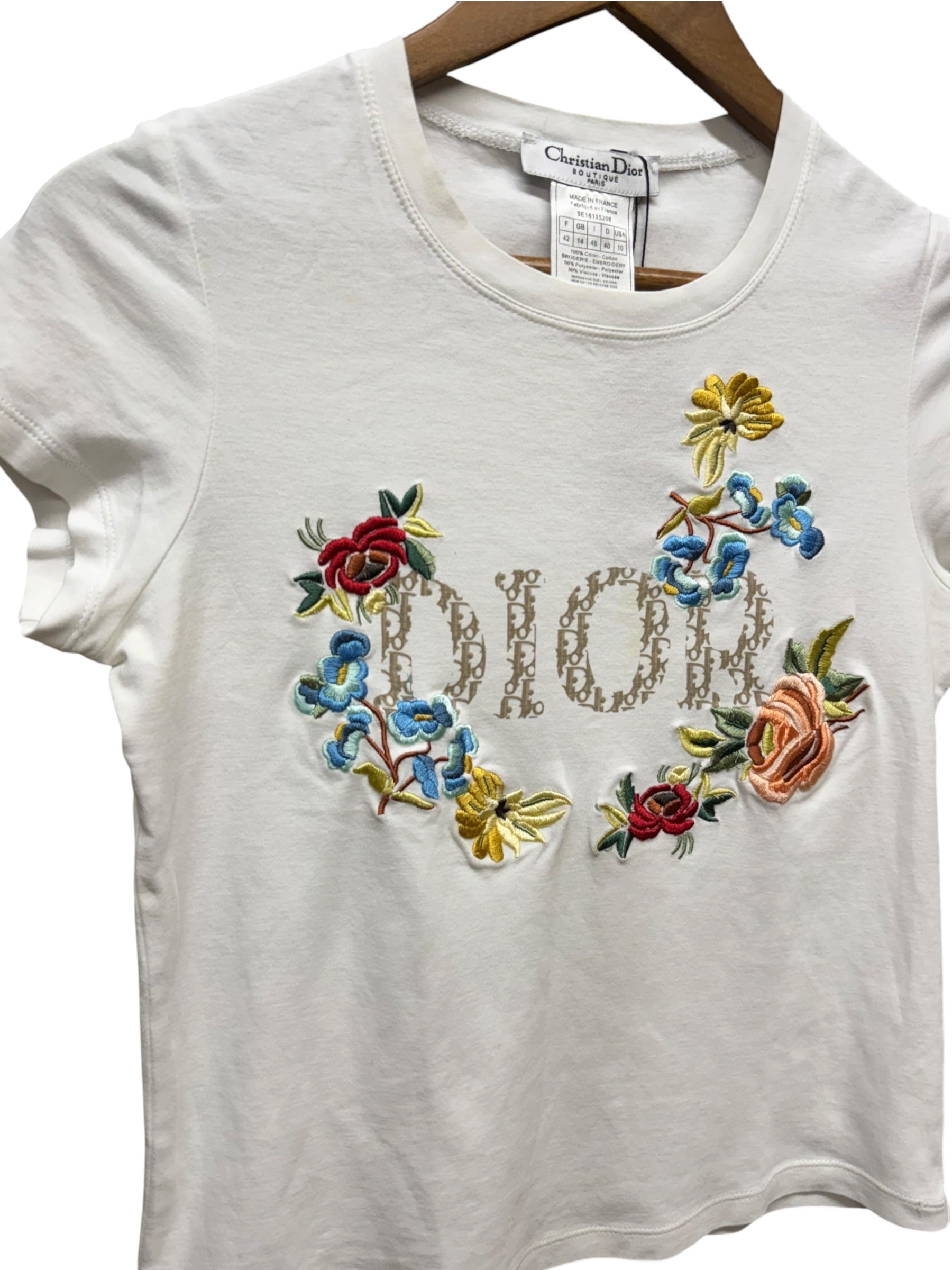 Christian Dior White Floral Embroidered Trotter Logo Short Sleeve T-Shirt