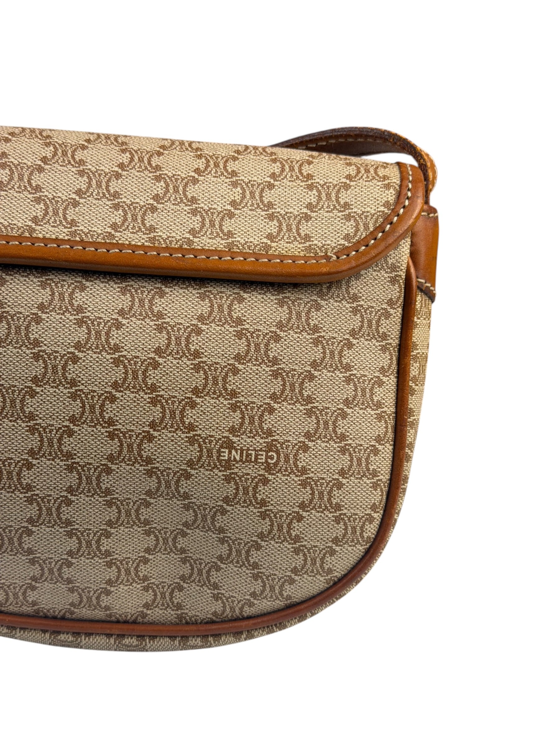 Celine Vintage Beige Leather Trim Macadam Mini Crossbody