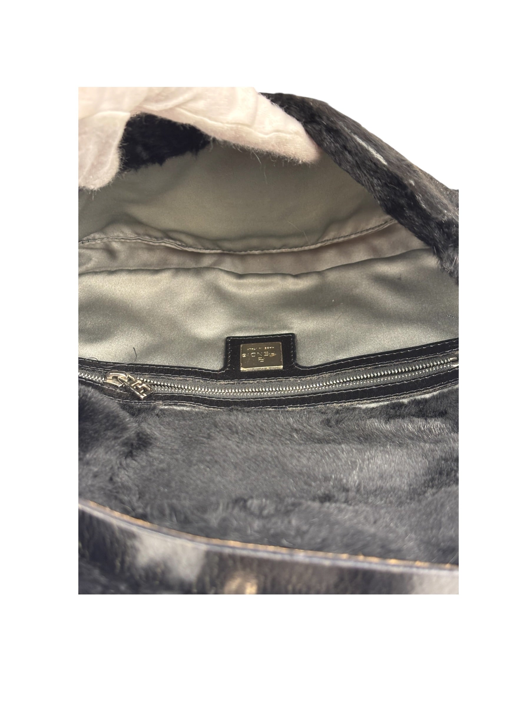 Fendi Black Leather Trim Plush Rabbit Fur Baguette