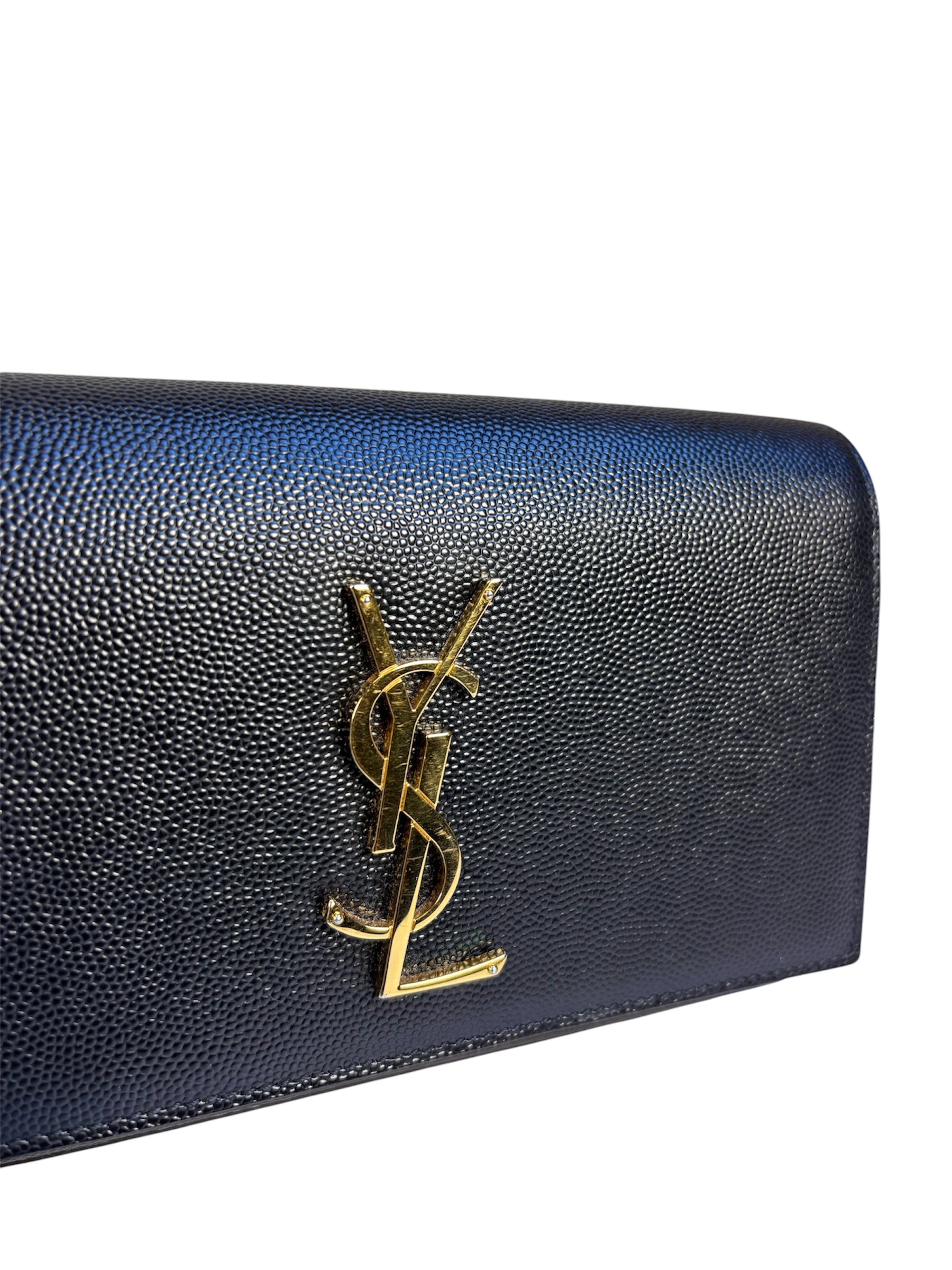 Yves Saint Laurent Black Pebbled Leather Wallet On Chain