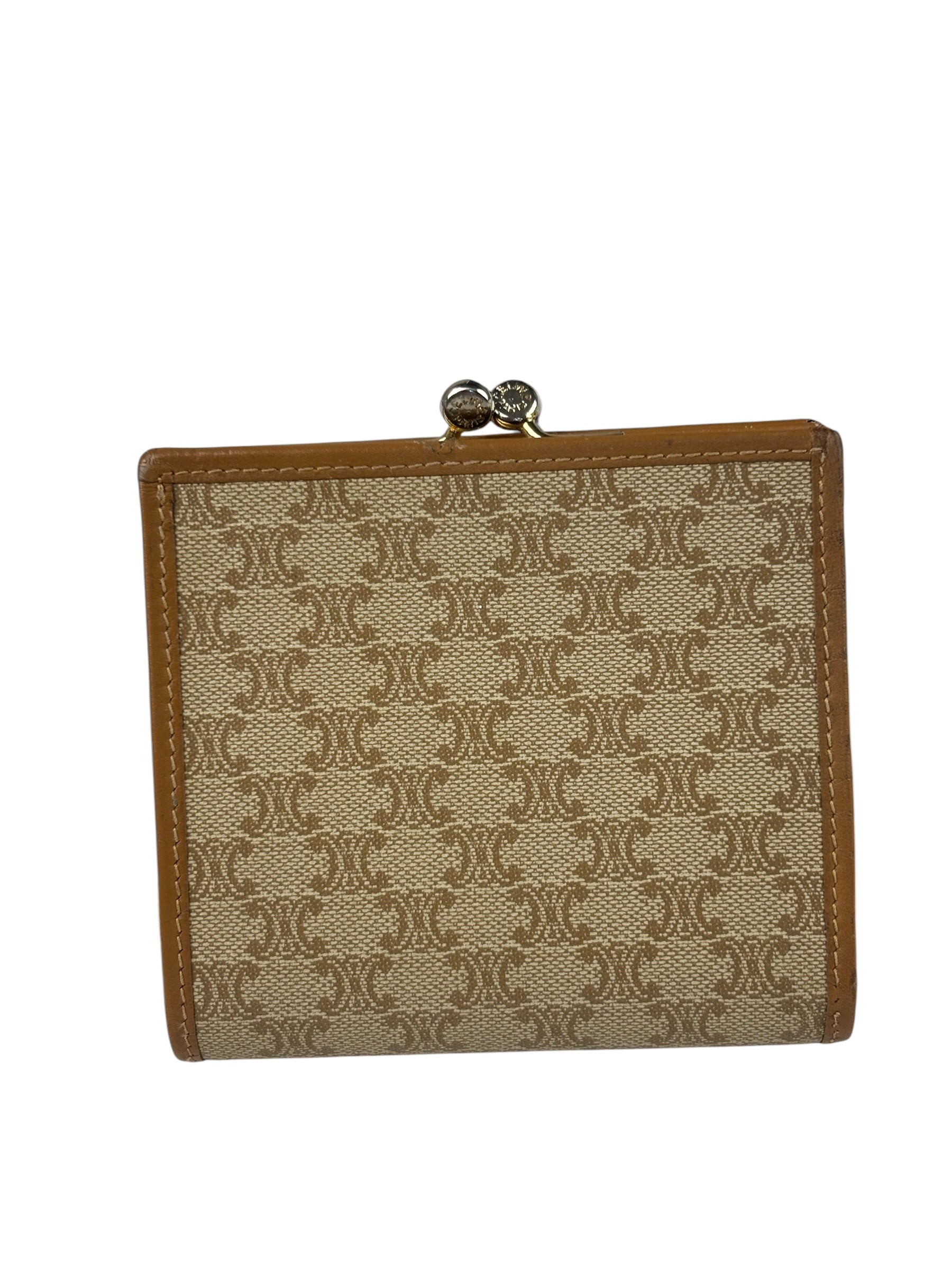 Celine Vintage Brown Leather Macadam Bi-Fold/Kiss-Lock Coin Wallet