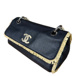 Chanel Black Leather Raffia Fringe CC Flap Shoulder Bag 2009