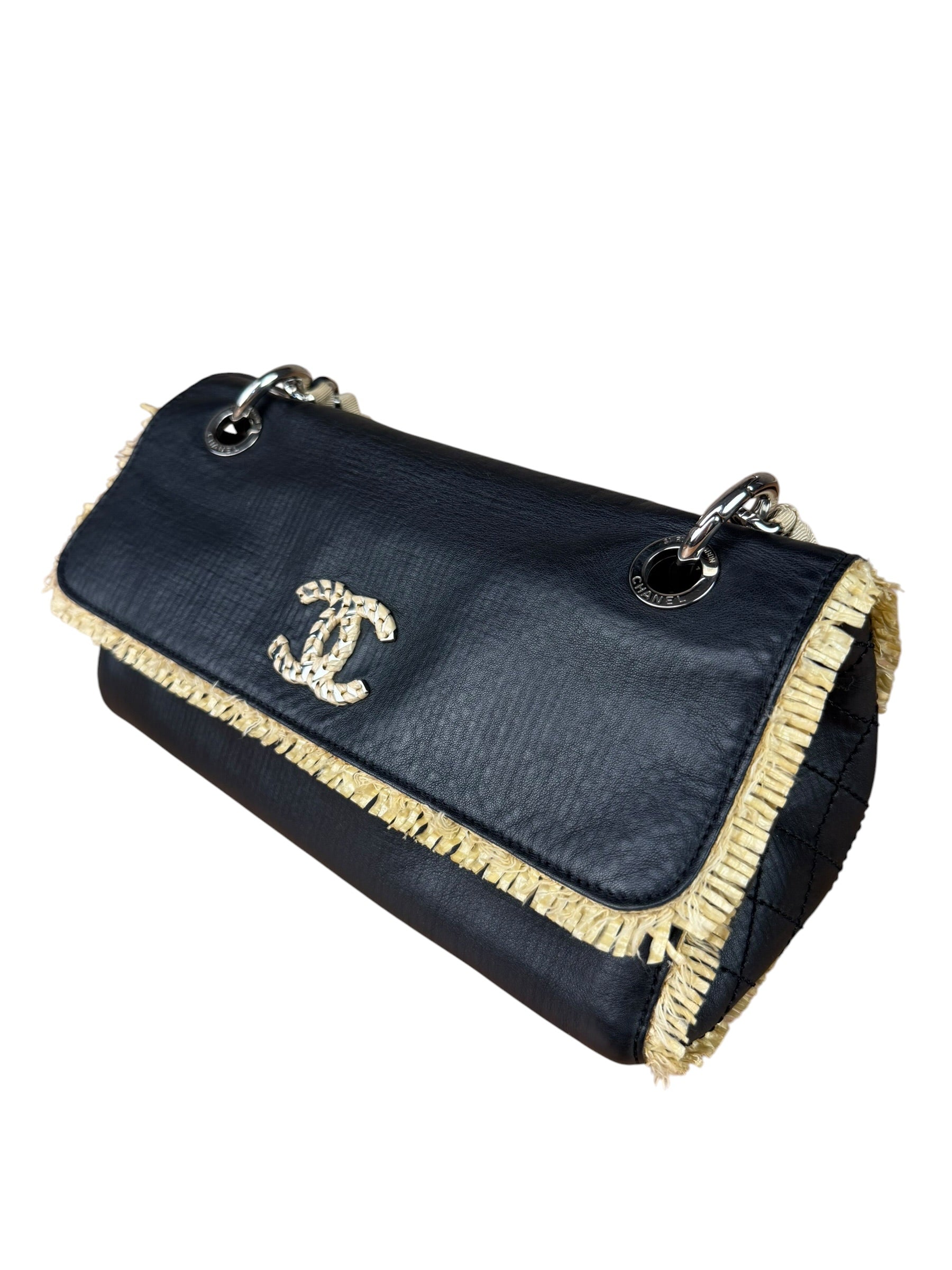 Chanel Black Leather Raffia Fringe CC Flap Shoulder Bag 2009