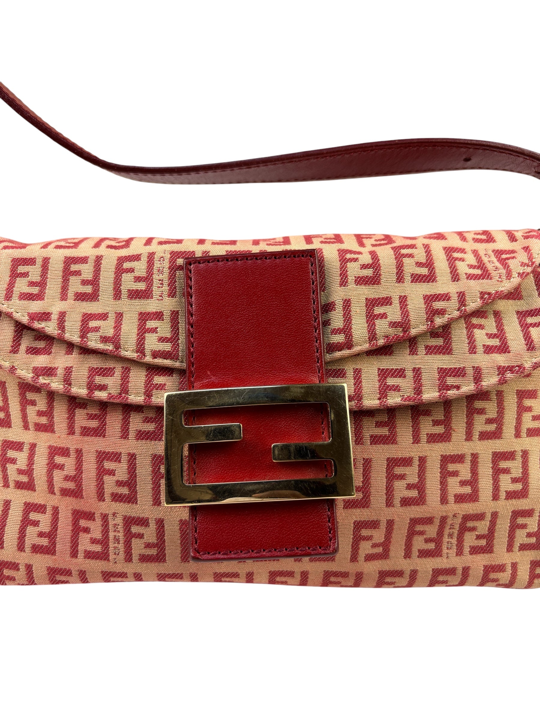 Fendi Red Leather Trim Zucca Baguette