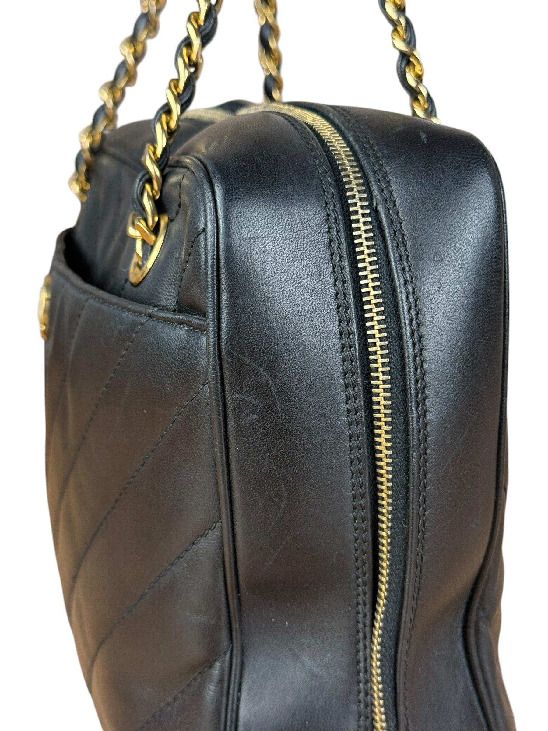 Chanel Black Chevron Leather Chain Camera Shoulder Bag 2000-2002