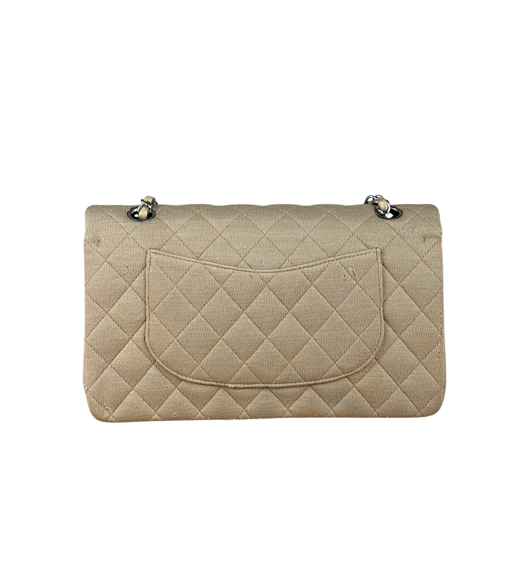 Chanel Beige Jersey Leather Trim Classic Double Flap Bag 2005