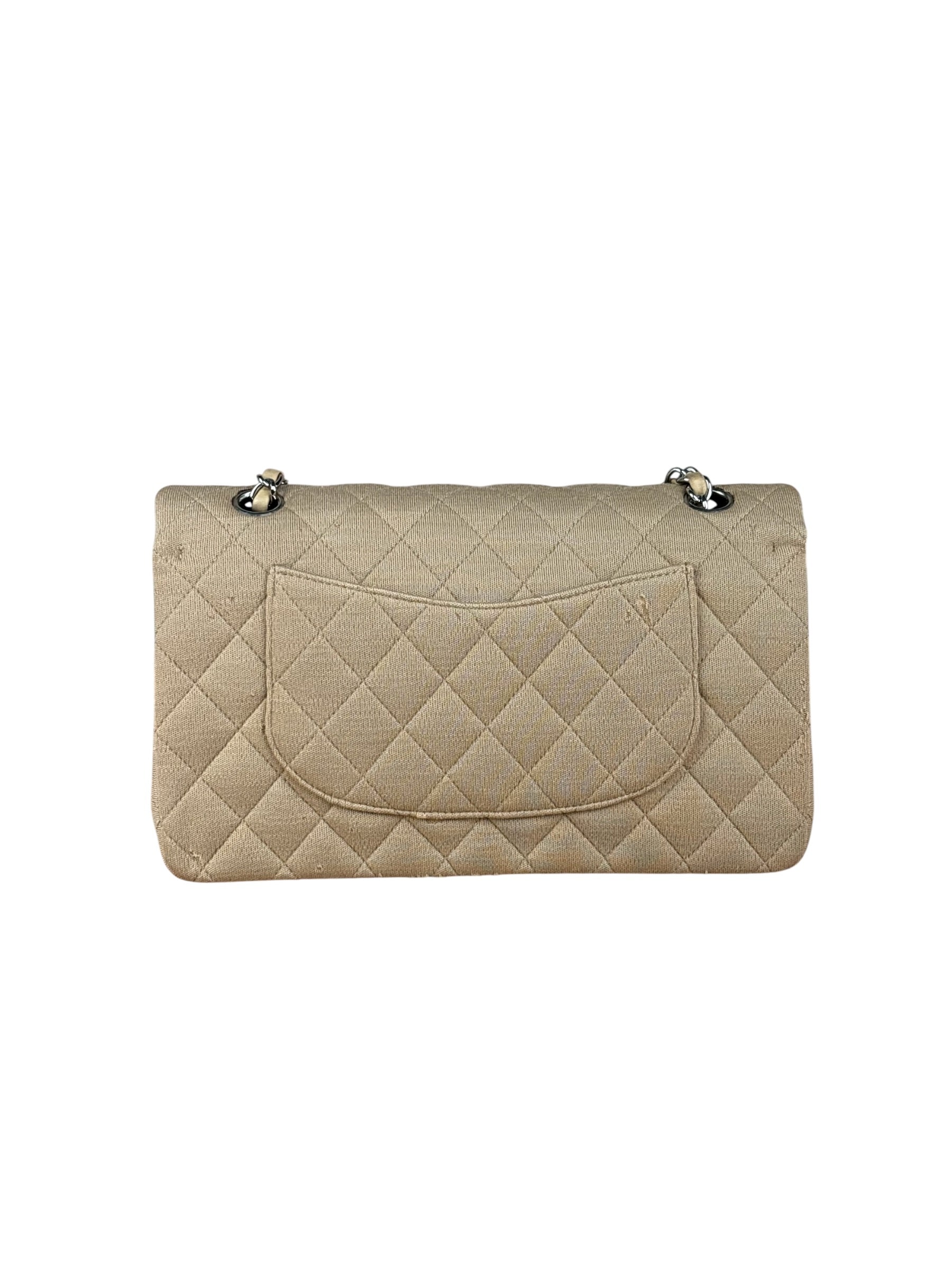 Chanel Beige Jersey Leather Trim Classic Double Flap Bag 2005