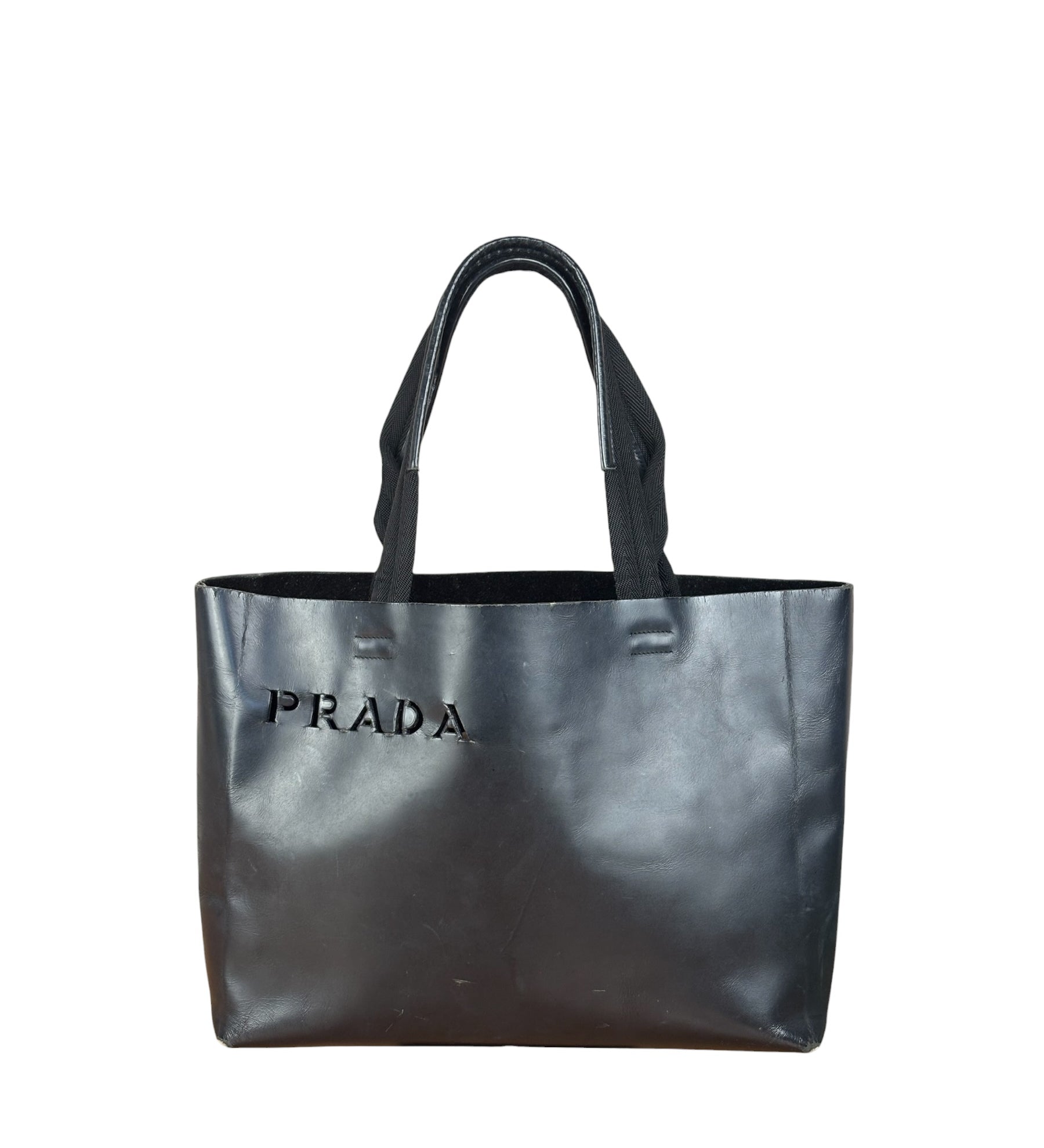 Prada Vintage Black Leather Spazzolato Laser-Cut-Logo Tote Bag