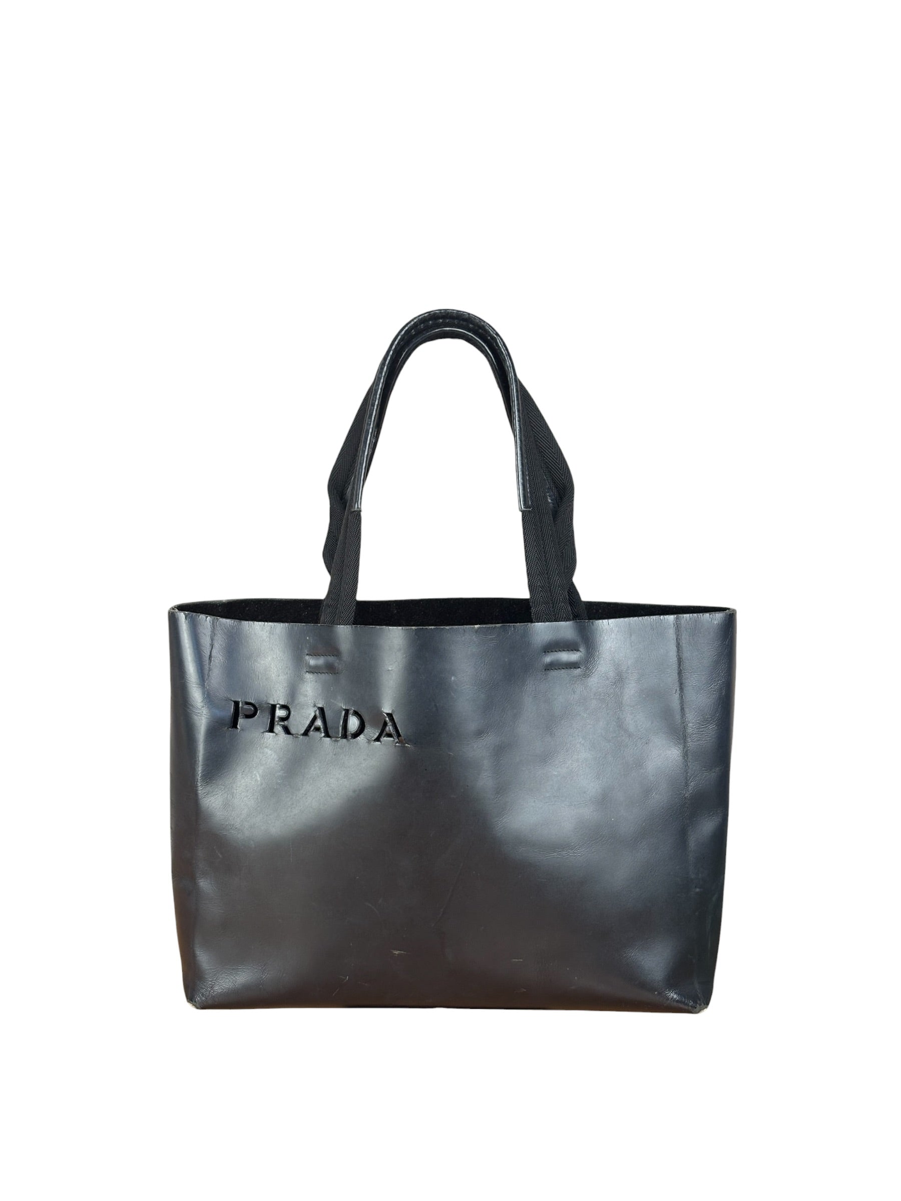 Prada Vintage Black Leather Spazzolato Laser-Cut-Logo Tote Bag