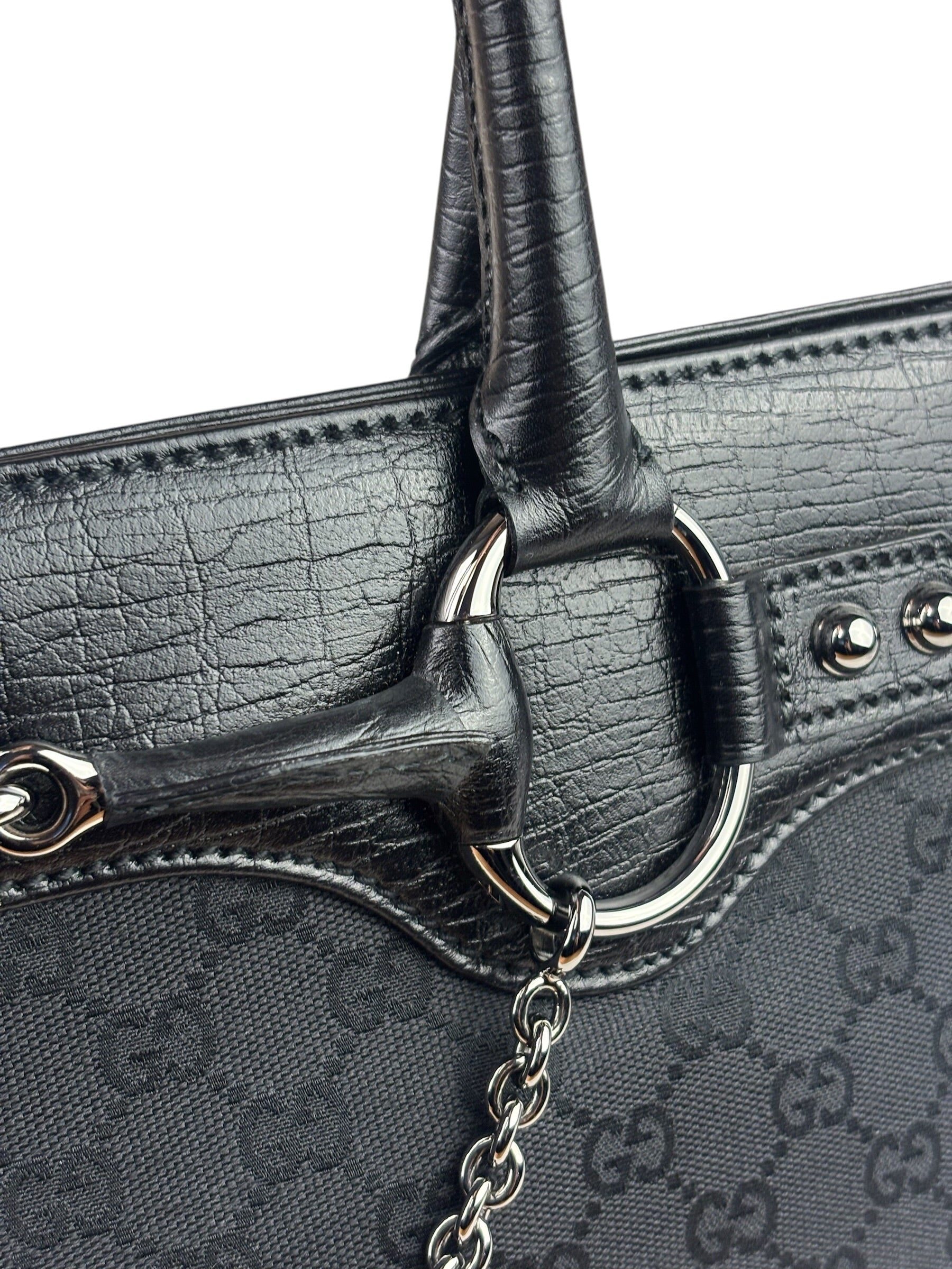 Gucci Black Leather Trim GG Horsebit Chain Shoulder Bag
