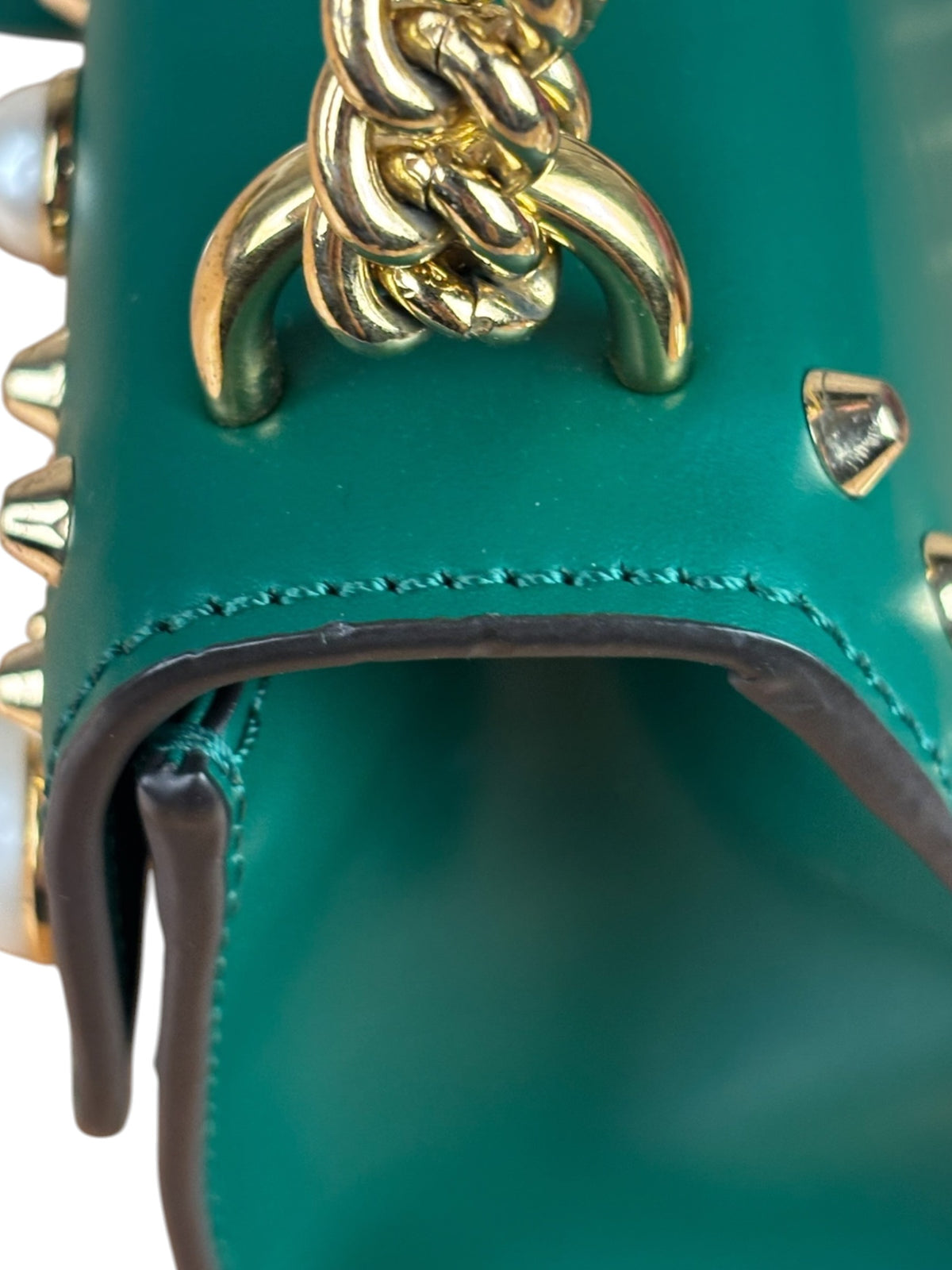 Gucci Green Leather Faux Pearls & Studs Small Padlock Bag