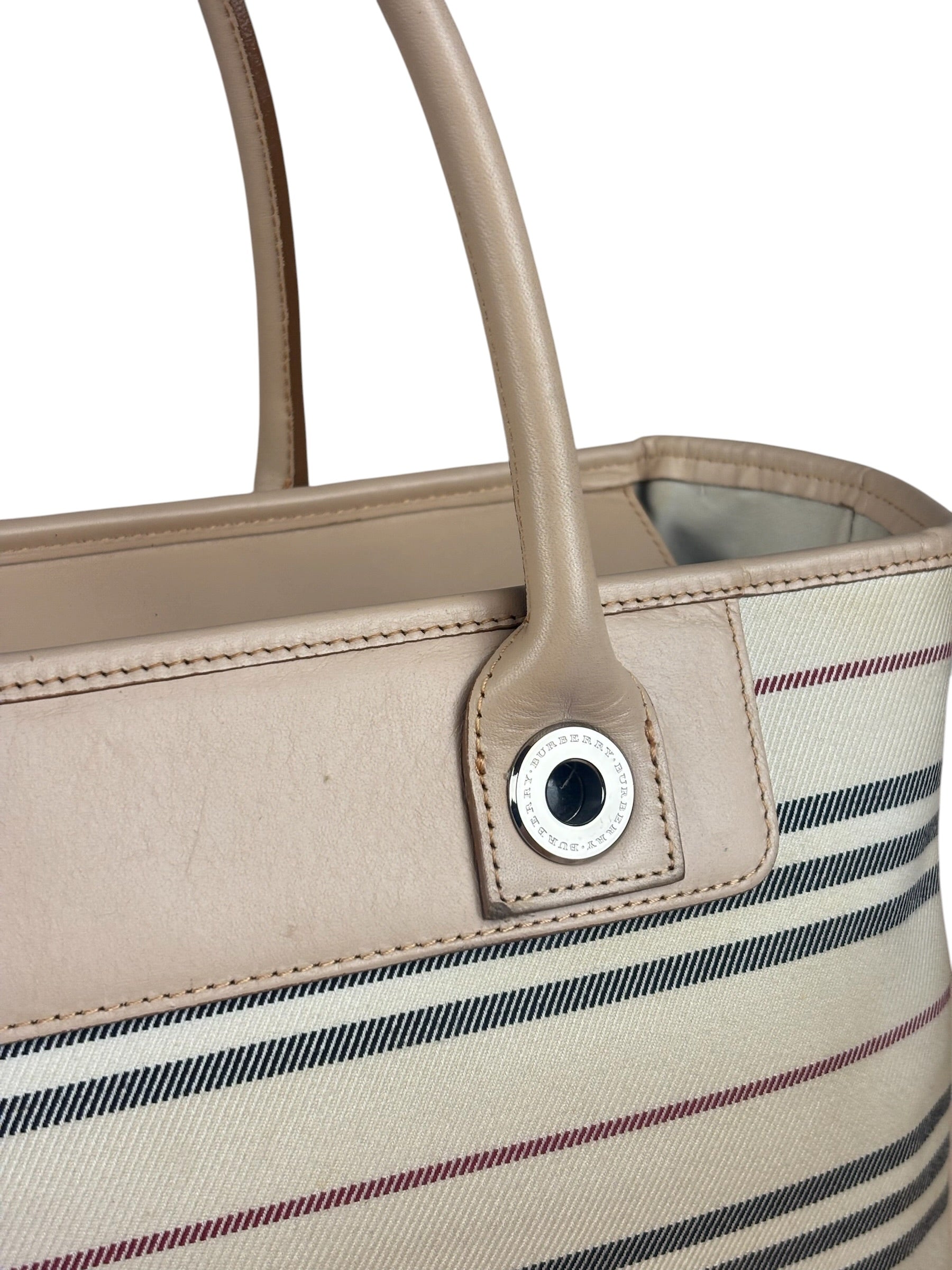 Burberry Multi-Color Leather Trim Striped Canvas Tote Bag