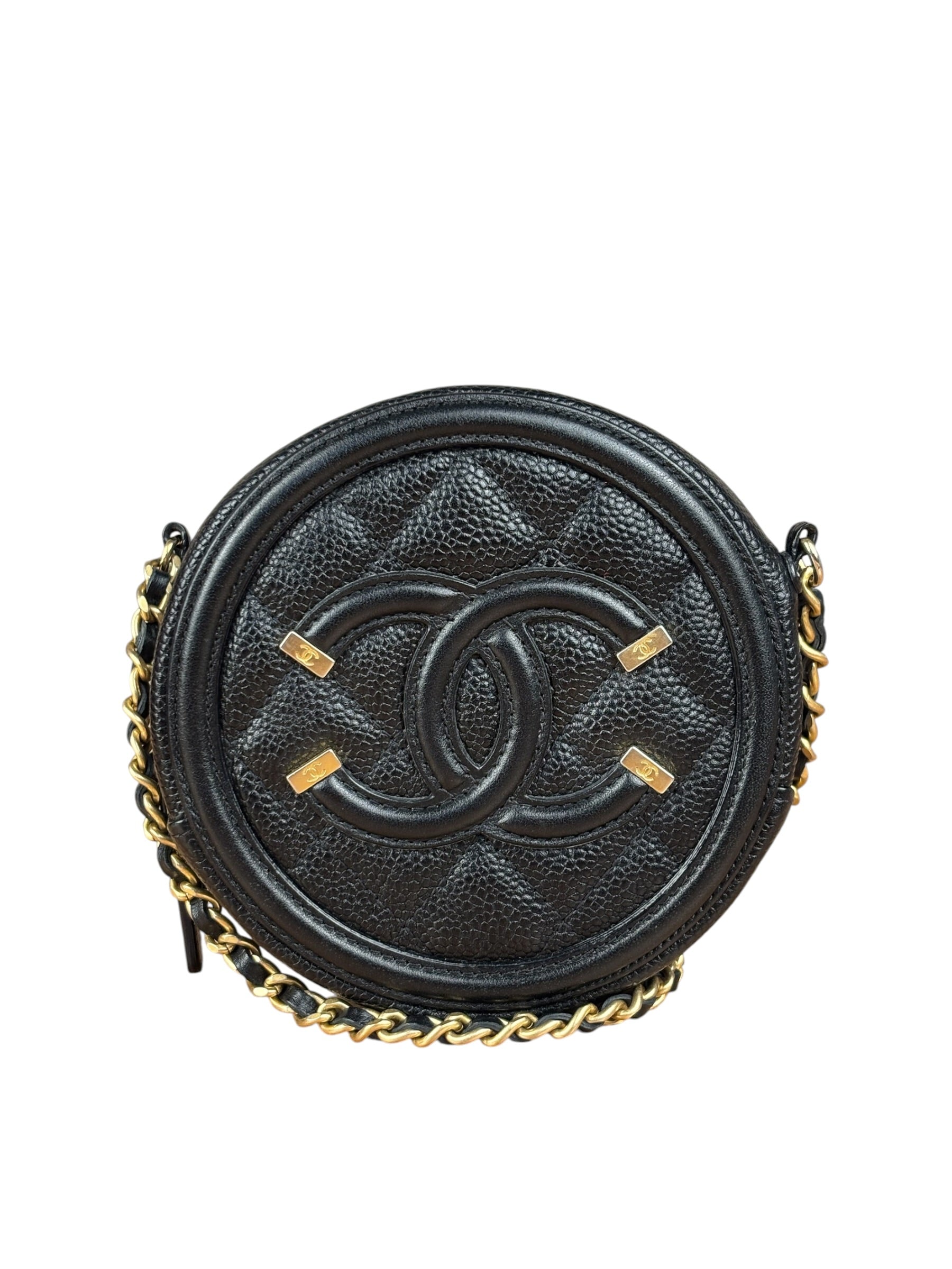 Chanel Black Quilted Caviar Leather CC Filigree Round Chain Clutch 2019