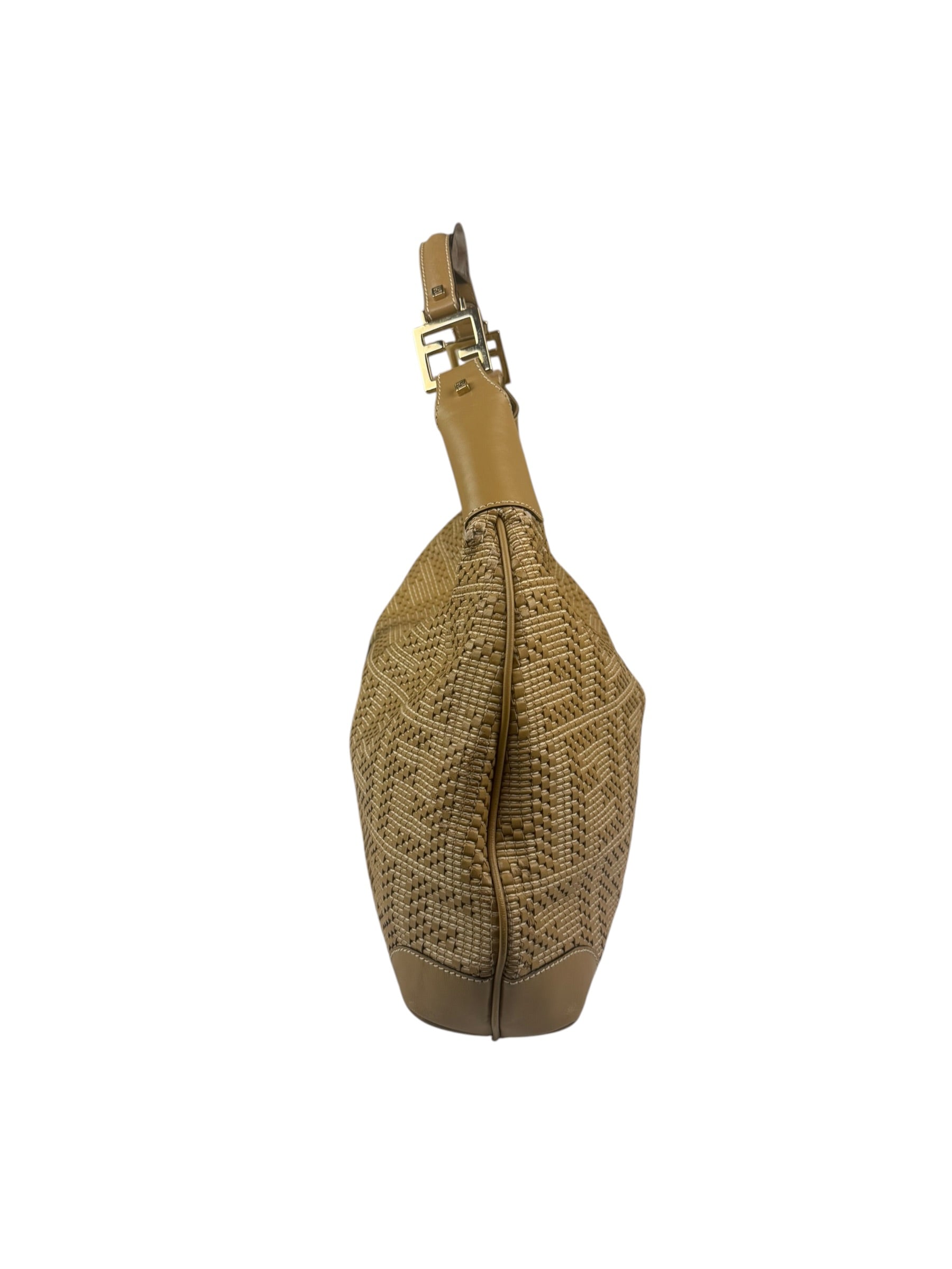 Fendi Beige Leather Trim Woven Hobo Bag