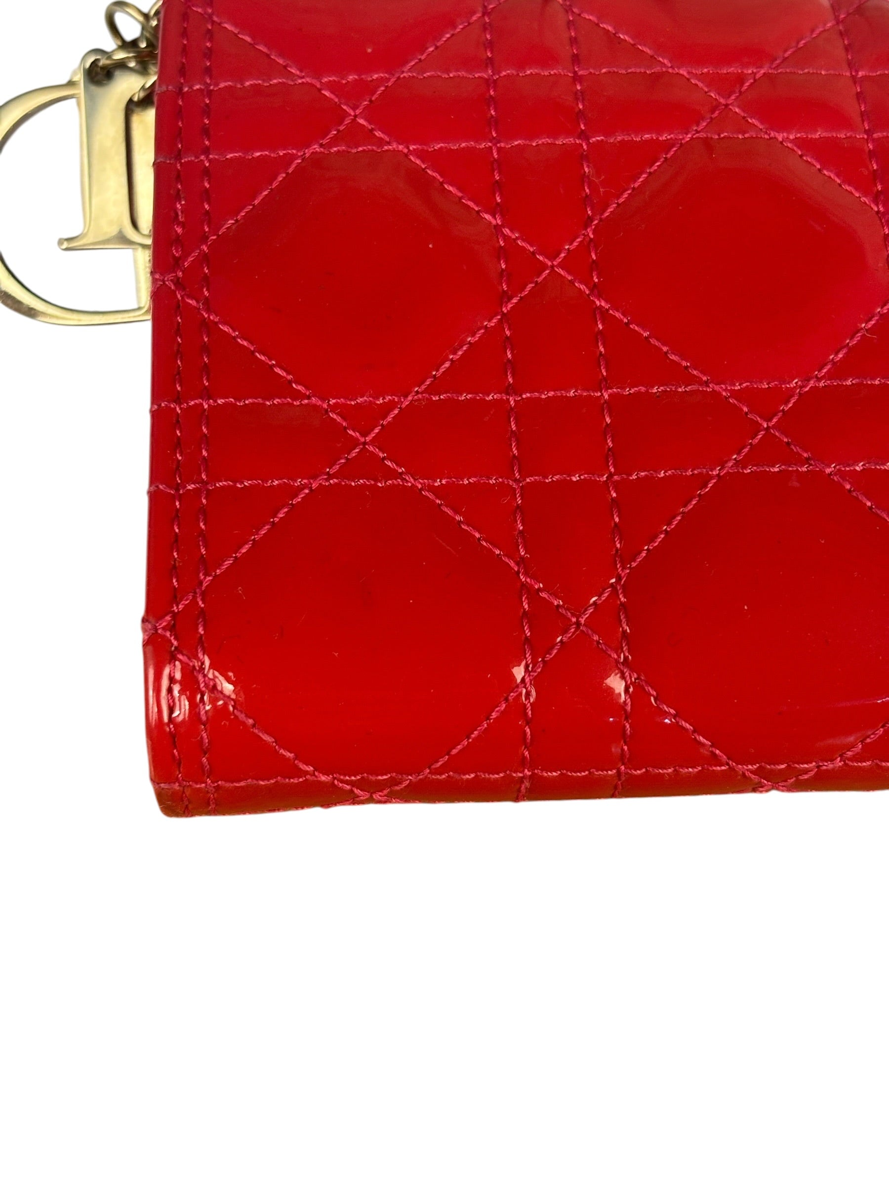 Christian Dior Cannage Red Patent Leather Wallet On Chain