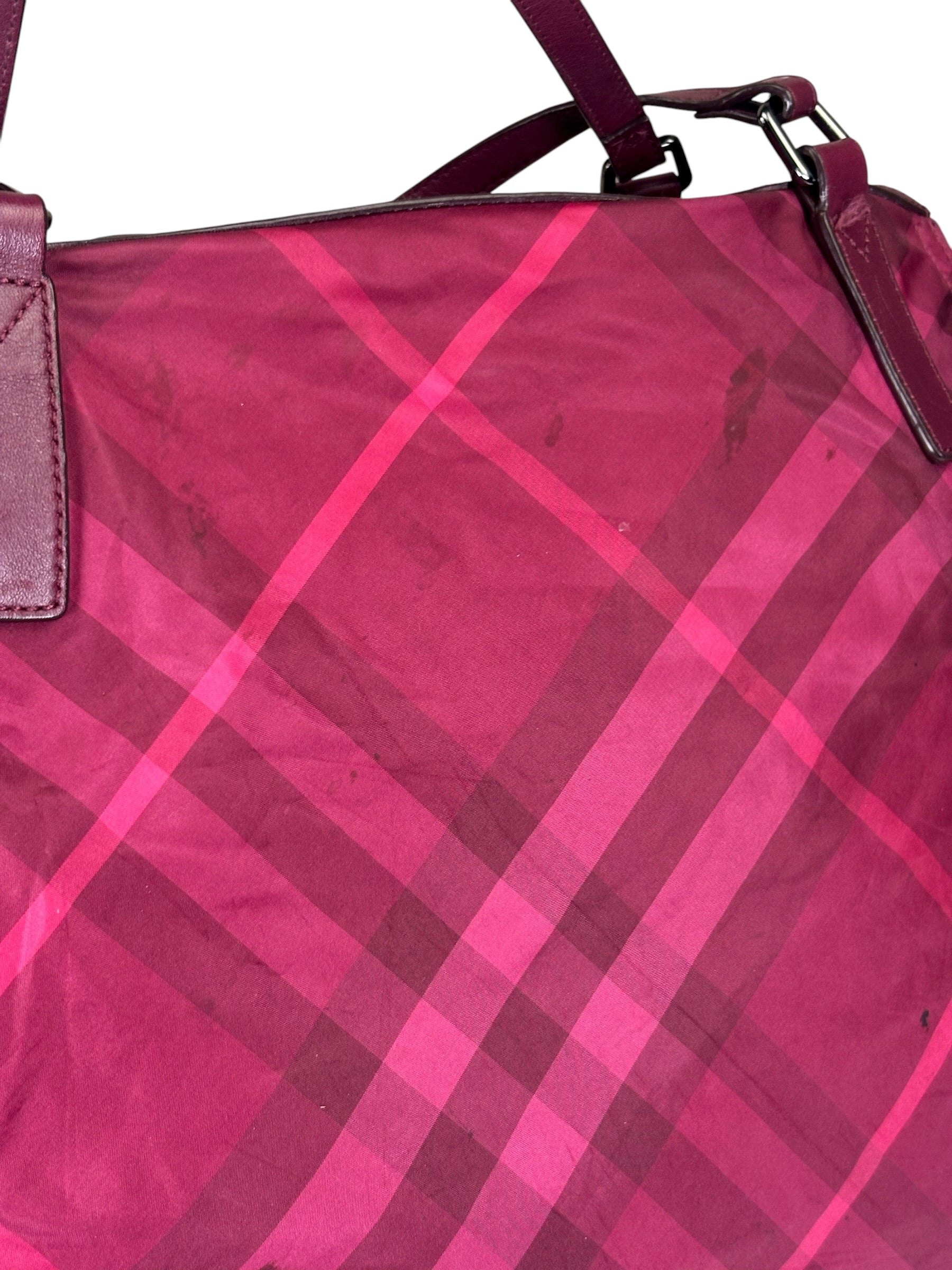 Burberry Plum Nylon/Leather Trim Nova Check Buckleigh Packable Tote