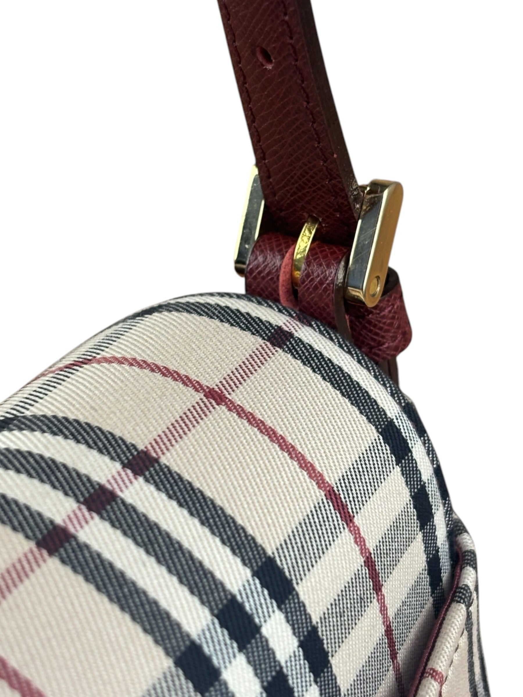Burberry Burgundy Leather Trim House Check Shoulder Bag