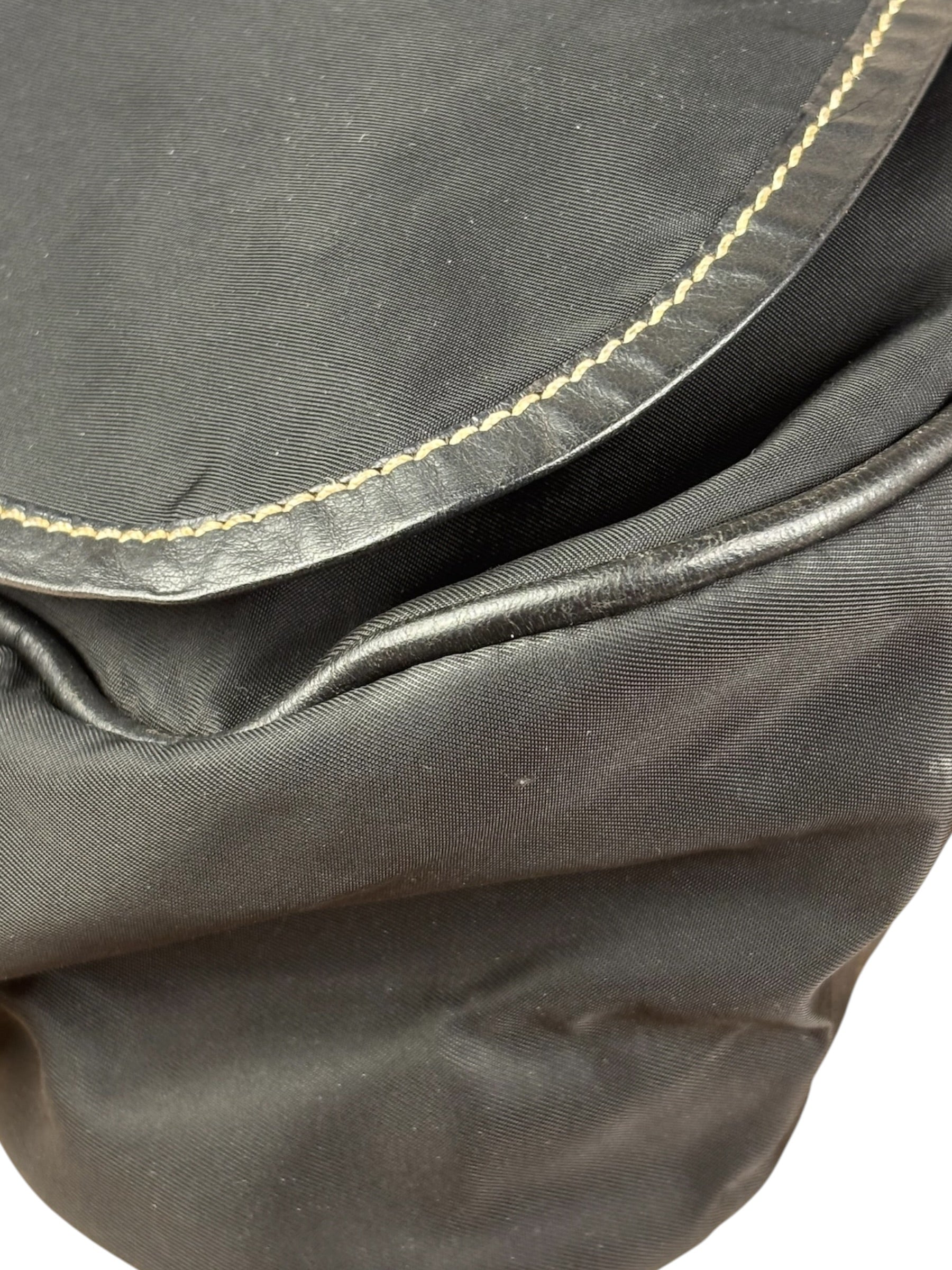 Damaged Prada Vintage Black Tessuto Nylon Leather Trim Saddle Flap Shoulder Bag