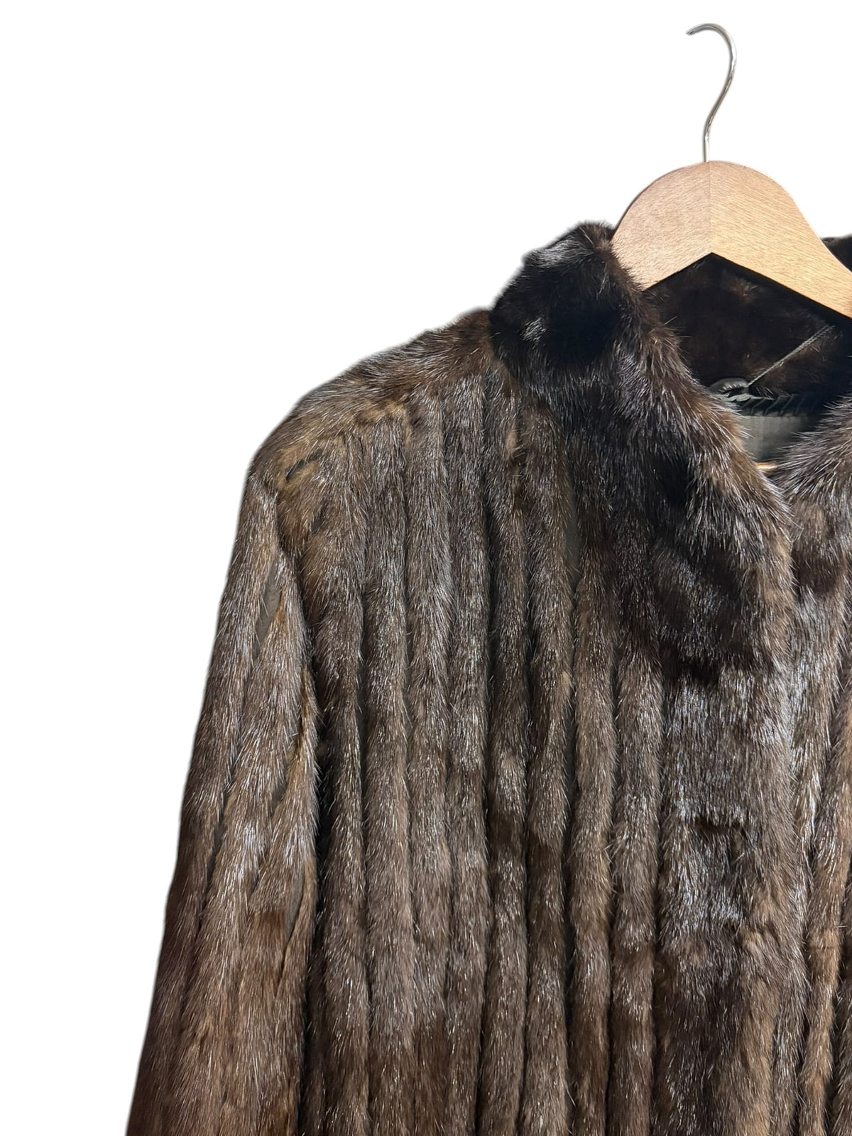 Vintage Dark Brown Leather Trim Striped Mink Fur