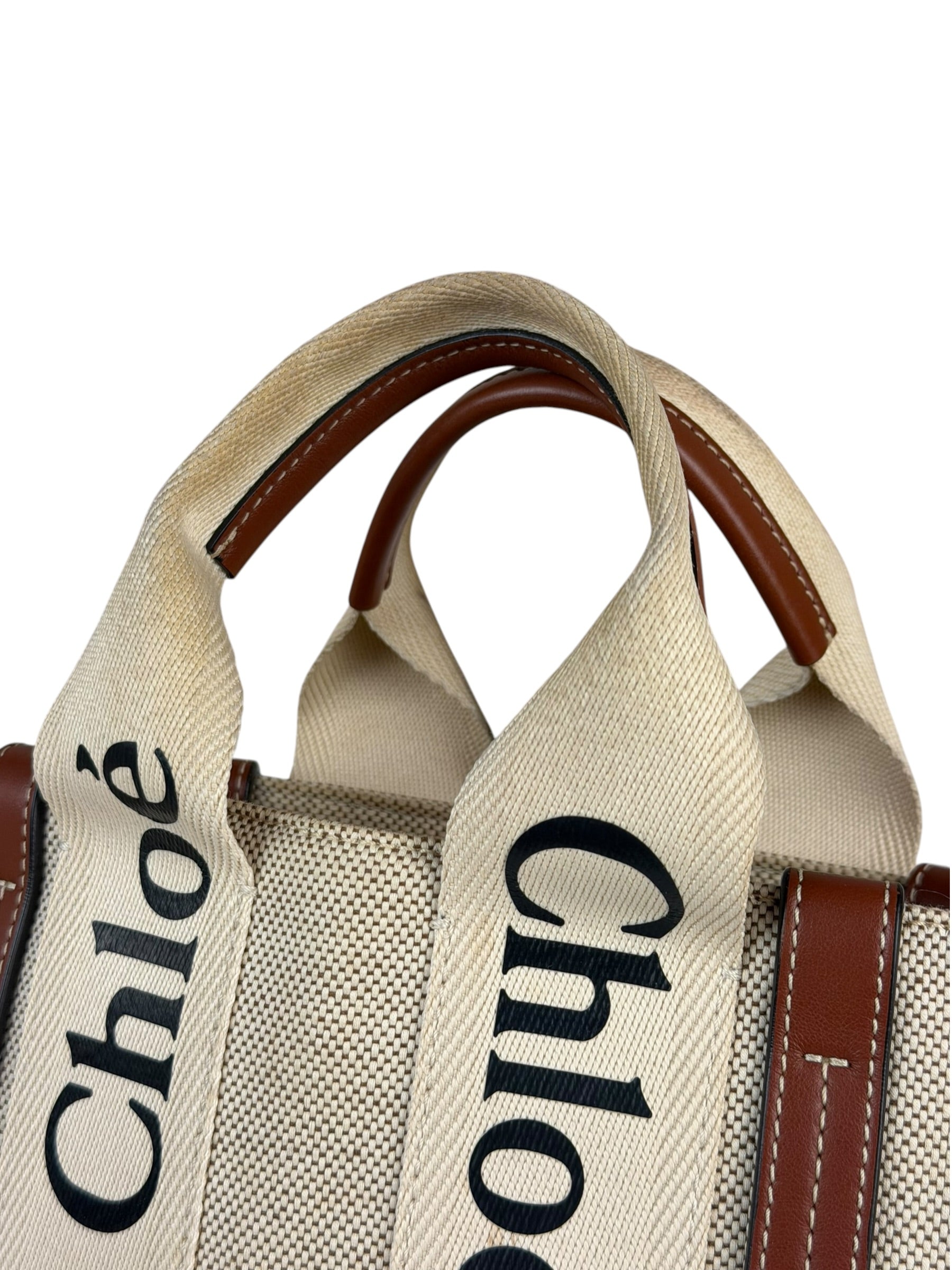 Chloe Brown Leather Trim/Linen Canvas Woody Small Tote
