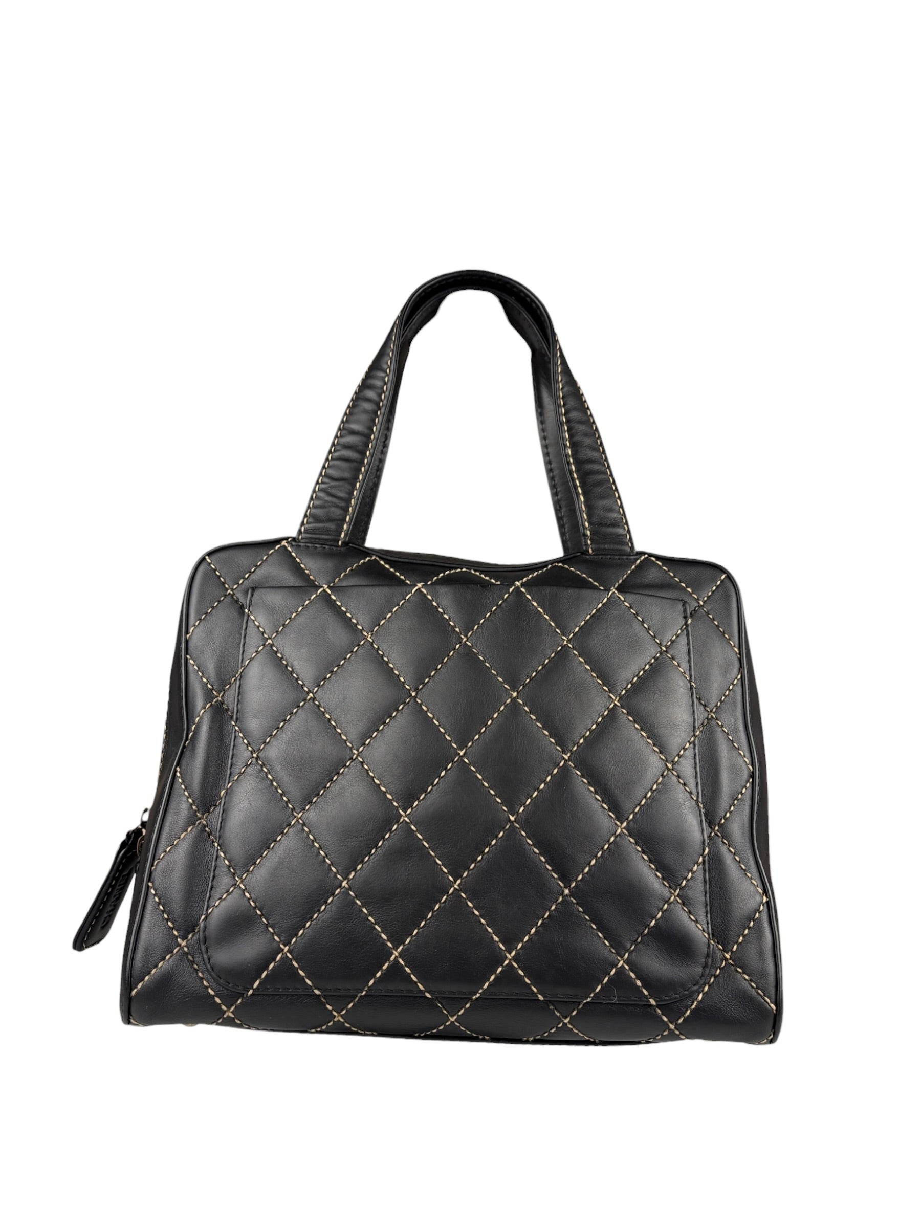 Chanel Vintage Black Leather Wild Stitch Bowler Handbag 2001