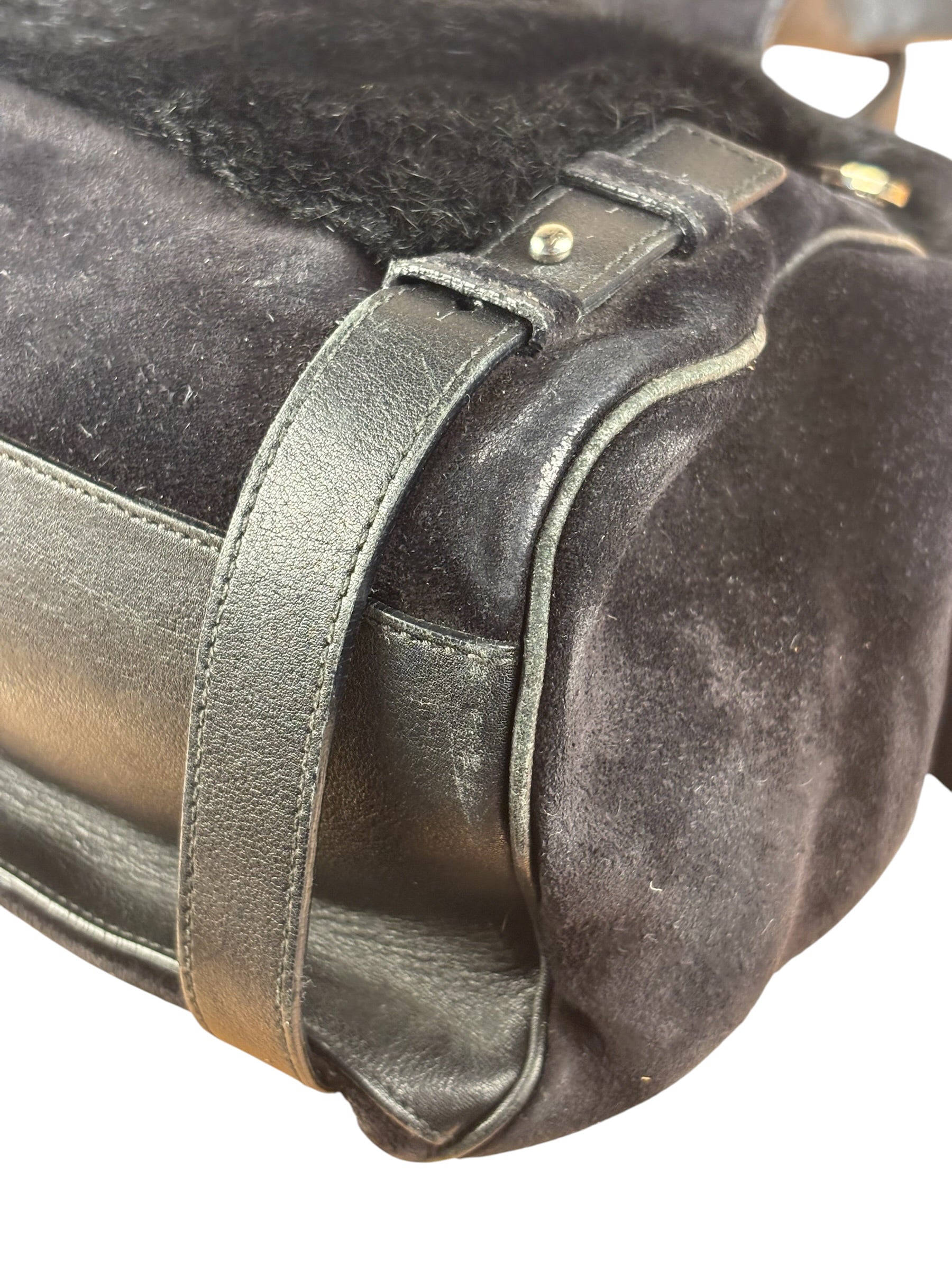Salvatore Ferragamo Black Rabbit Fur Leather Trim Shoulder Bag