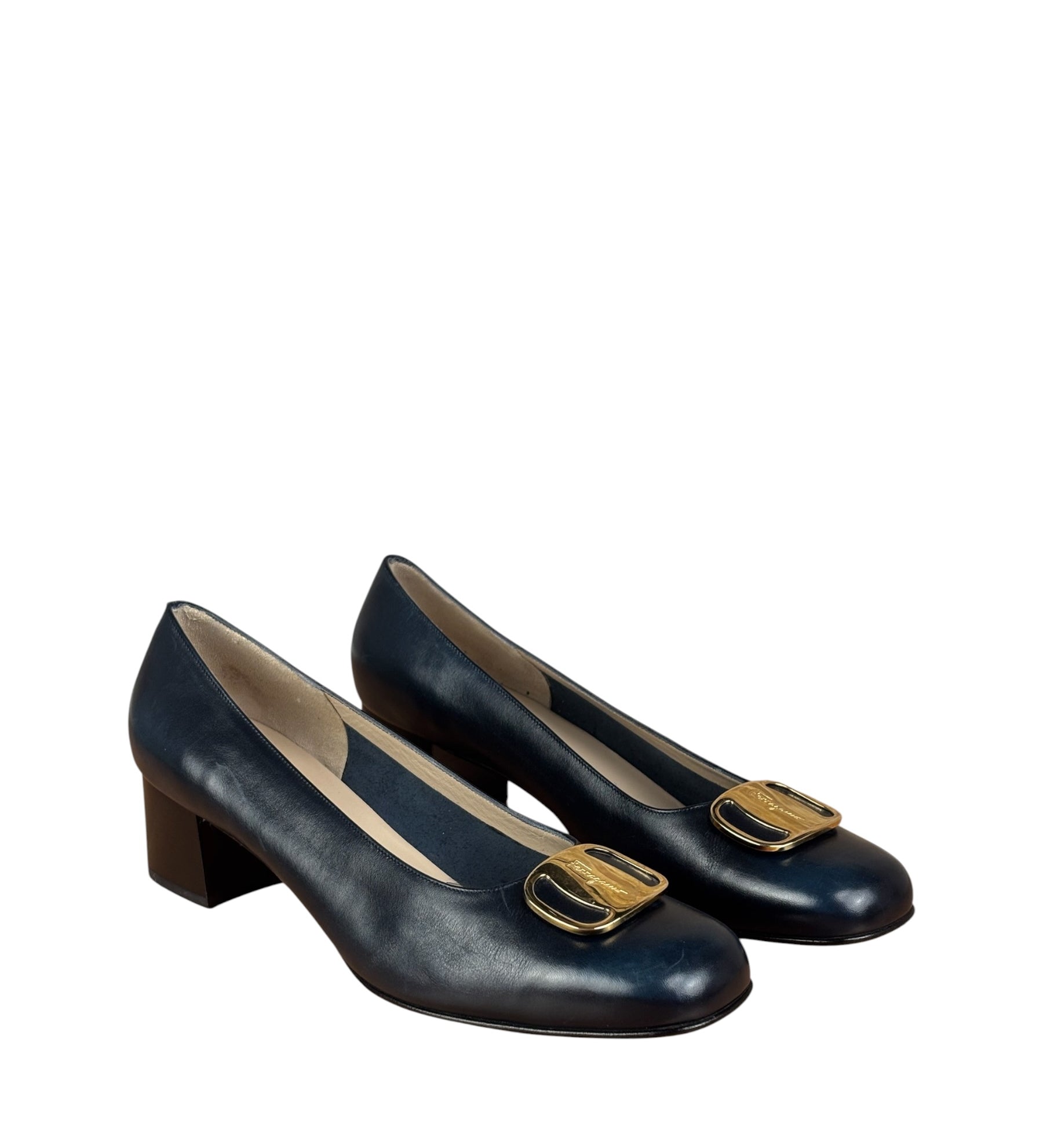 Salvatore Ferragamo Blue Gold Buckles Pumps
