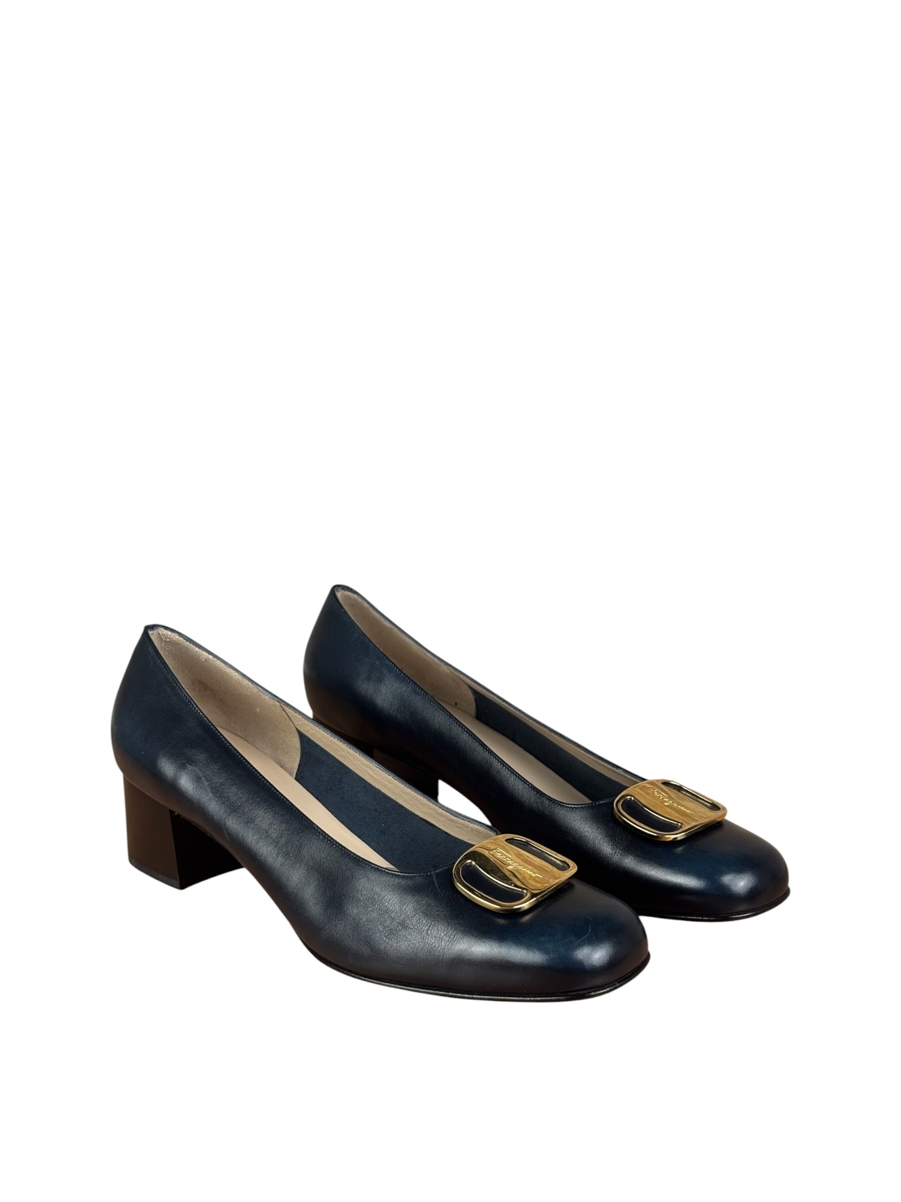 Salvatore Ferragamo Blue Gold Buckles Pumps