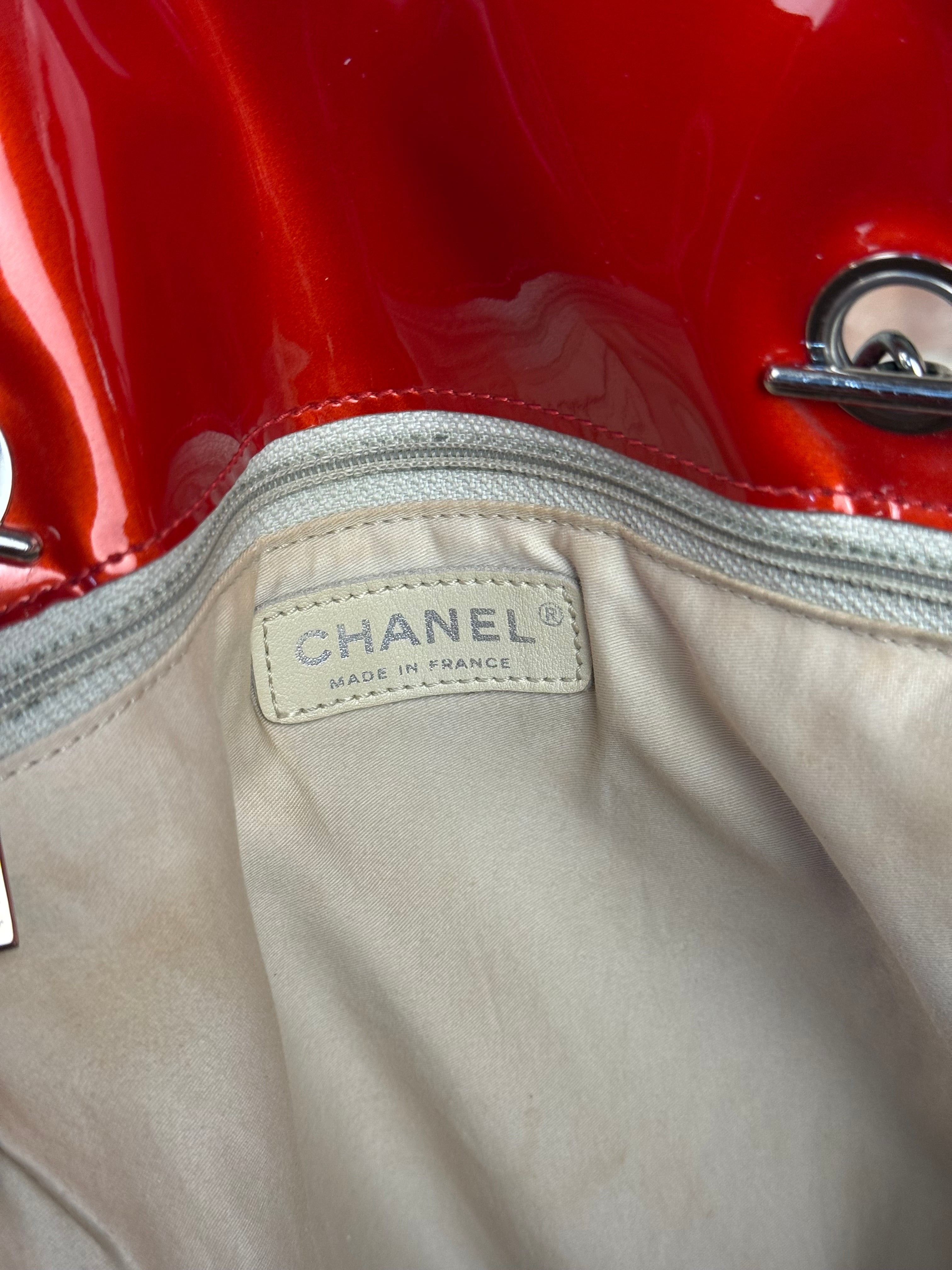 Chanel Red Patent CC Crystal Bon Bon Chain Tote