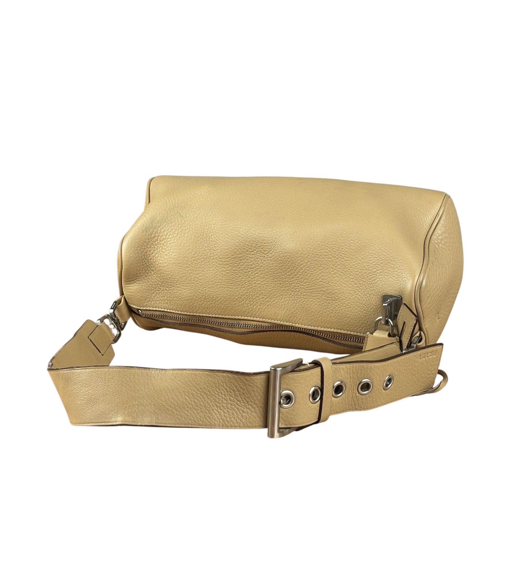 Prada Beige Leather Vitello Daino Buckle Shoulder Bag