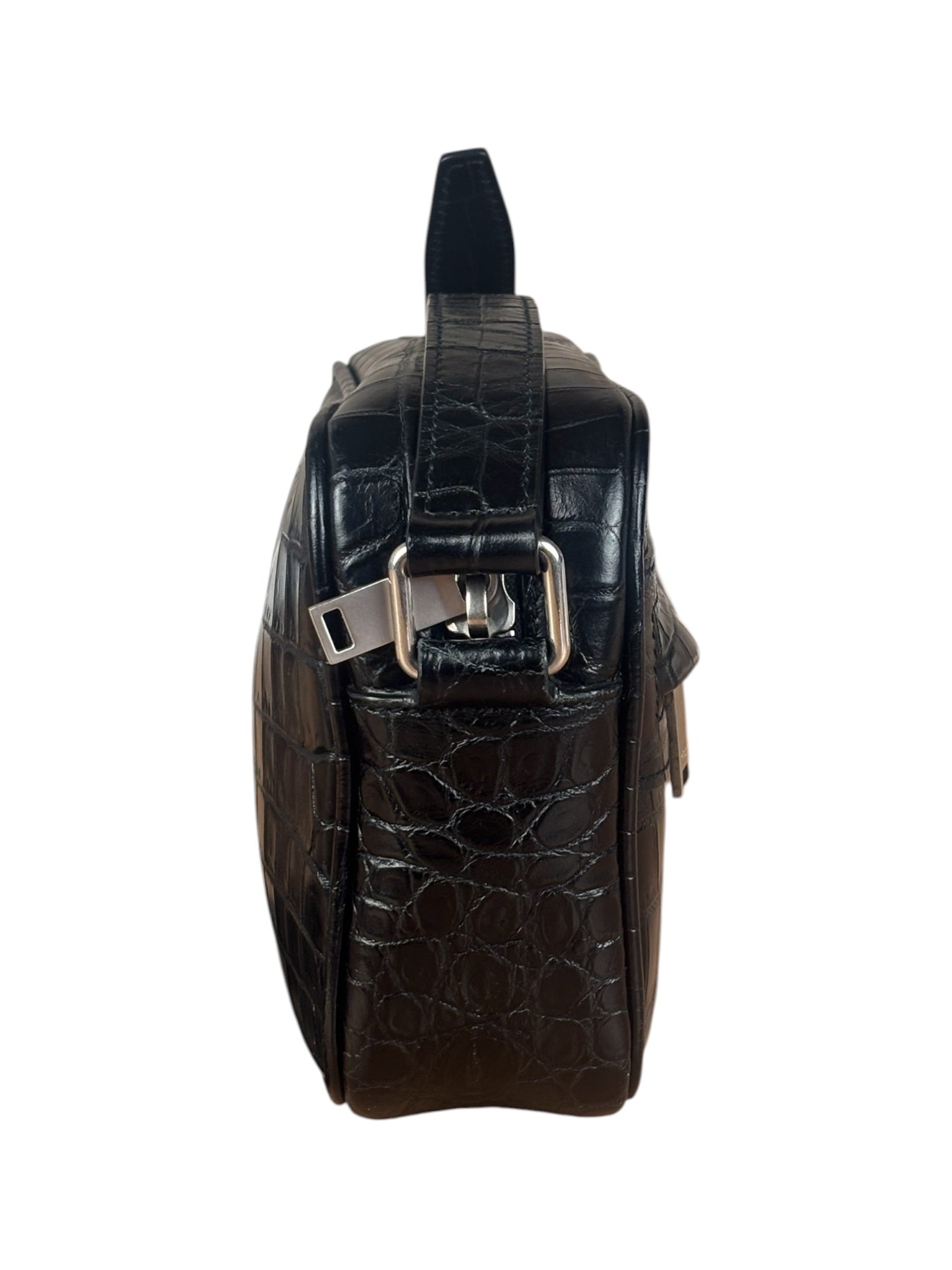 Saint Laurent Crocodile Embossed Leather Camera Bag Black