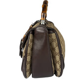 Gucci Brown Leather Trim GG Bamboo Handle Two-Way Bag