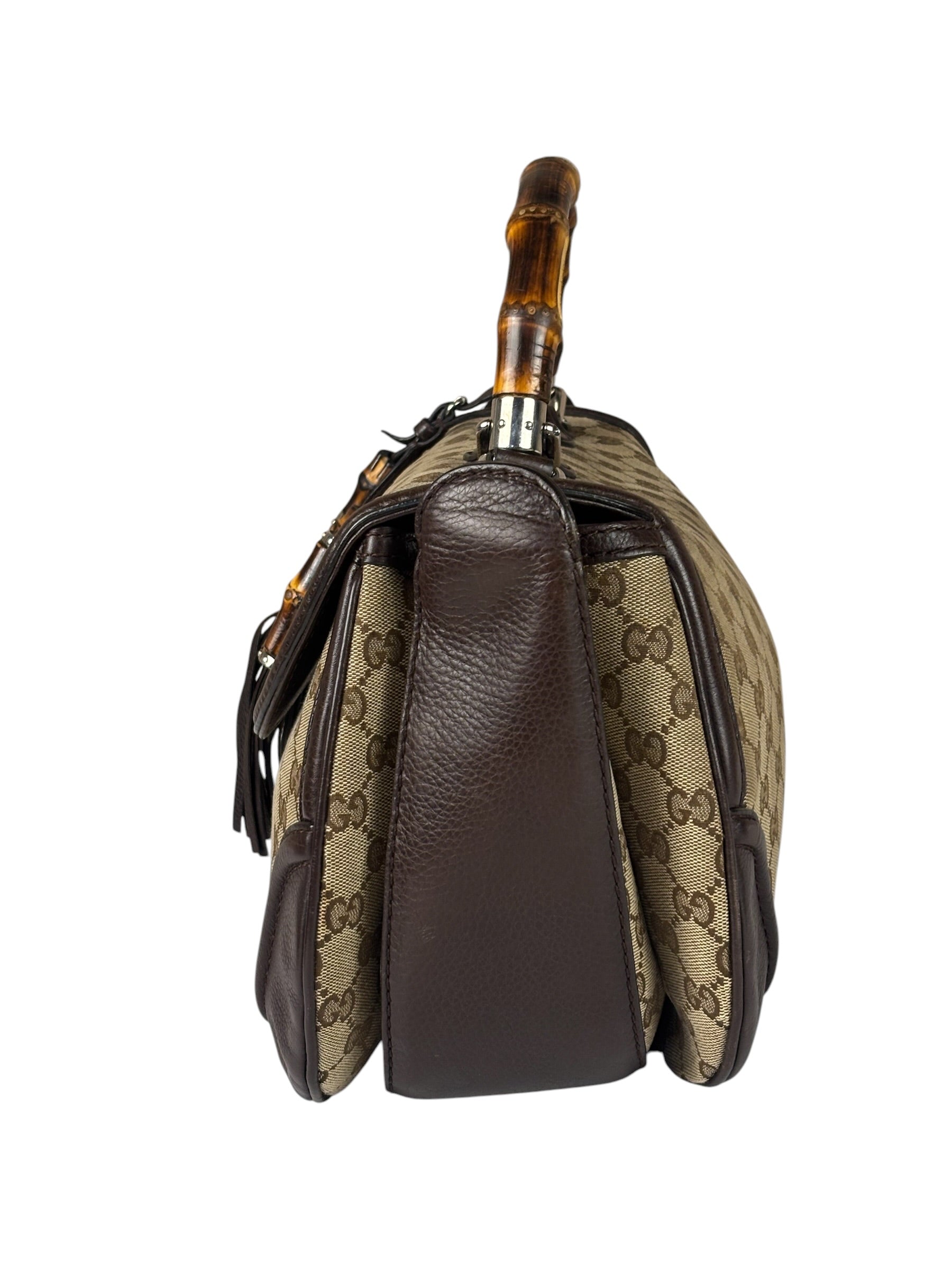 Gucci Brown Leather Trim GG Bamboo Handle Two-Way Bag