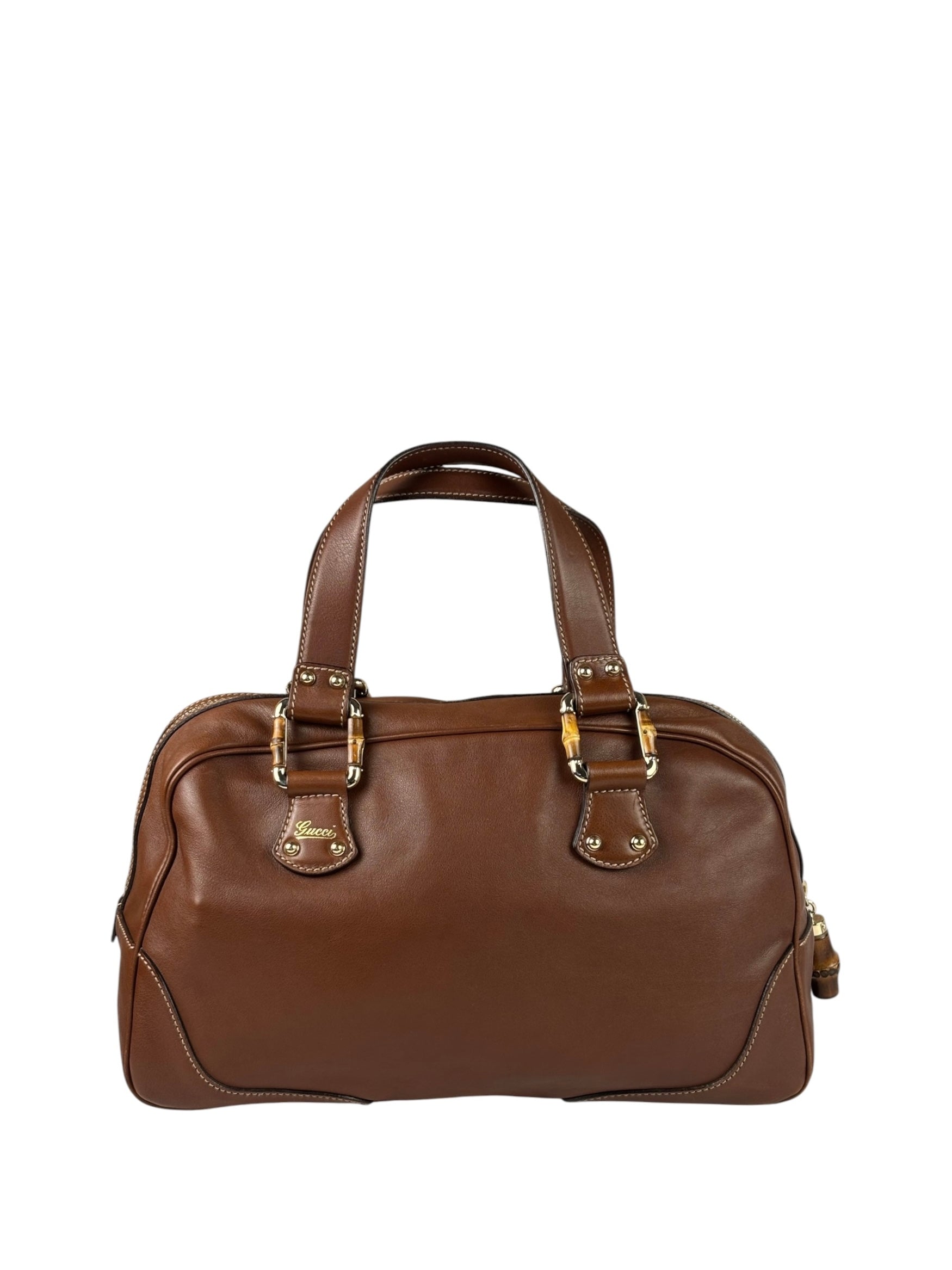 Gucci Tan Brown Leather Bamboo Handle Boston Bag