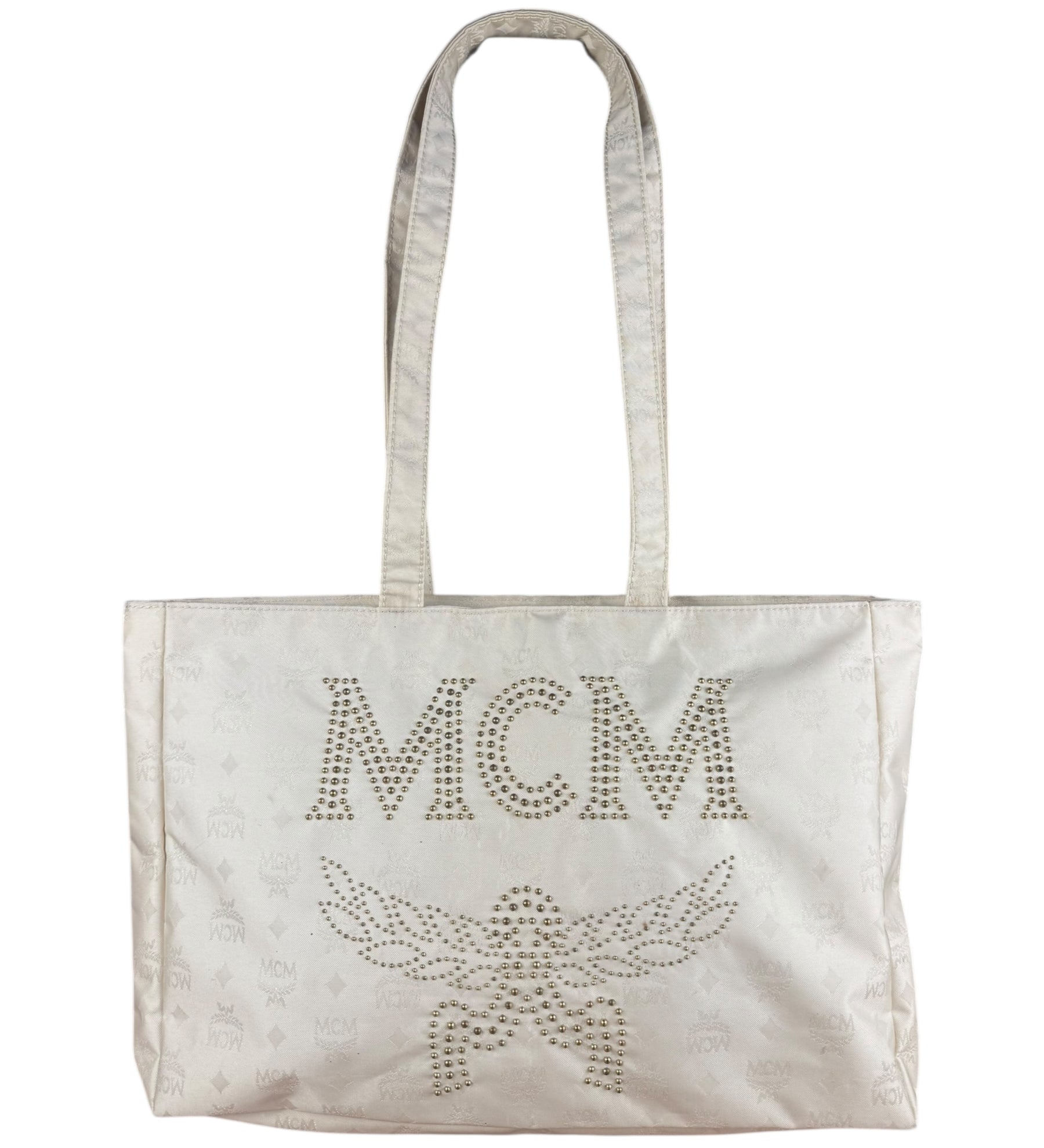 MCM Ivory Canvas Embroidered Shoulder Tote