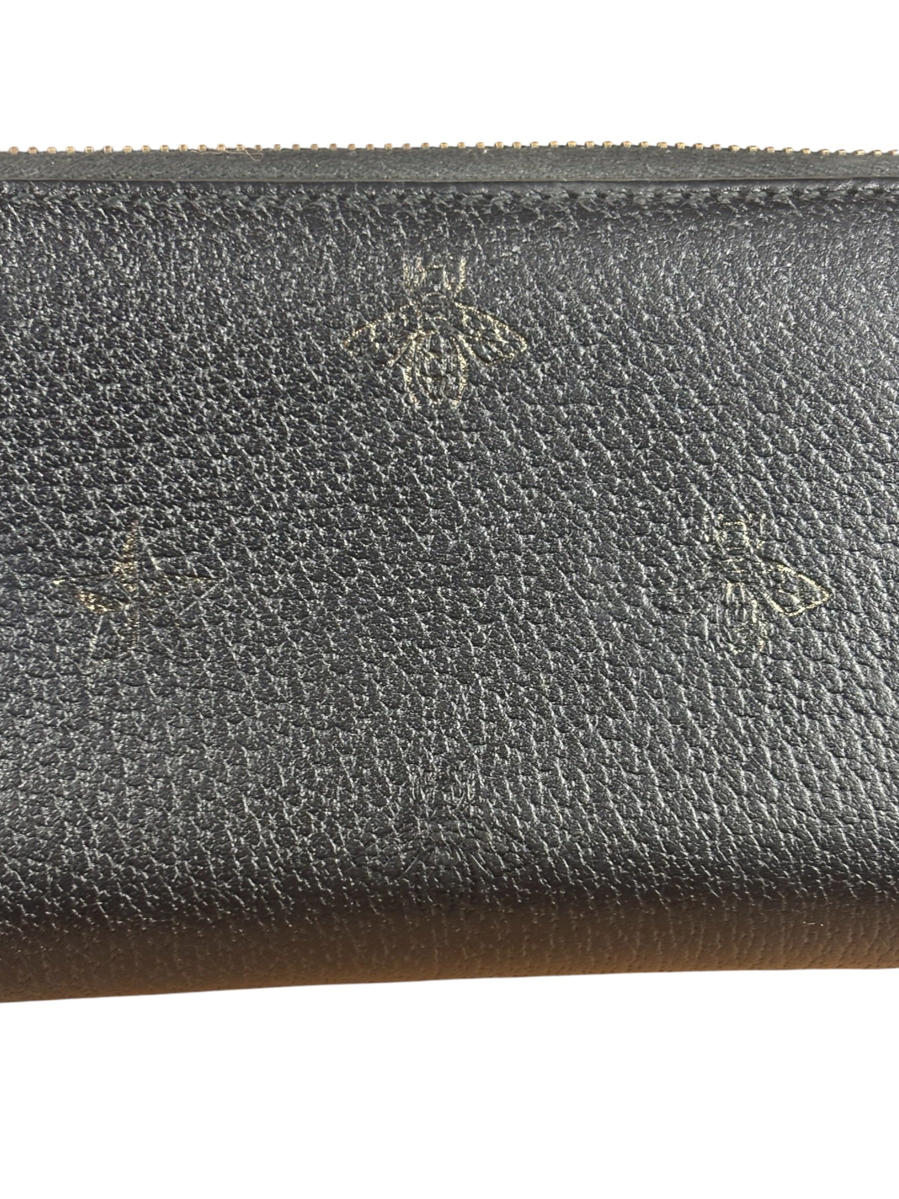 Gucci Black Leather Bee Long Zip Wallet