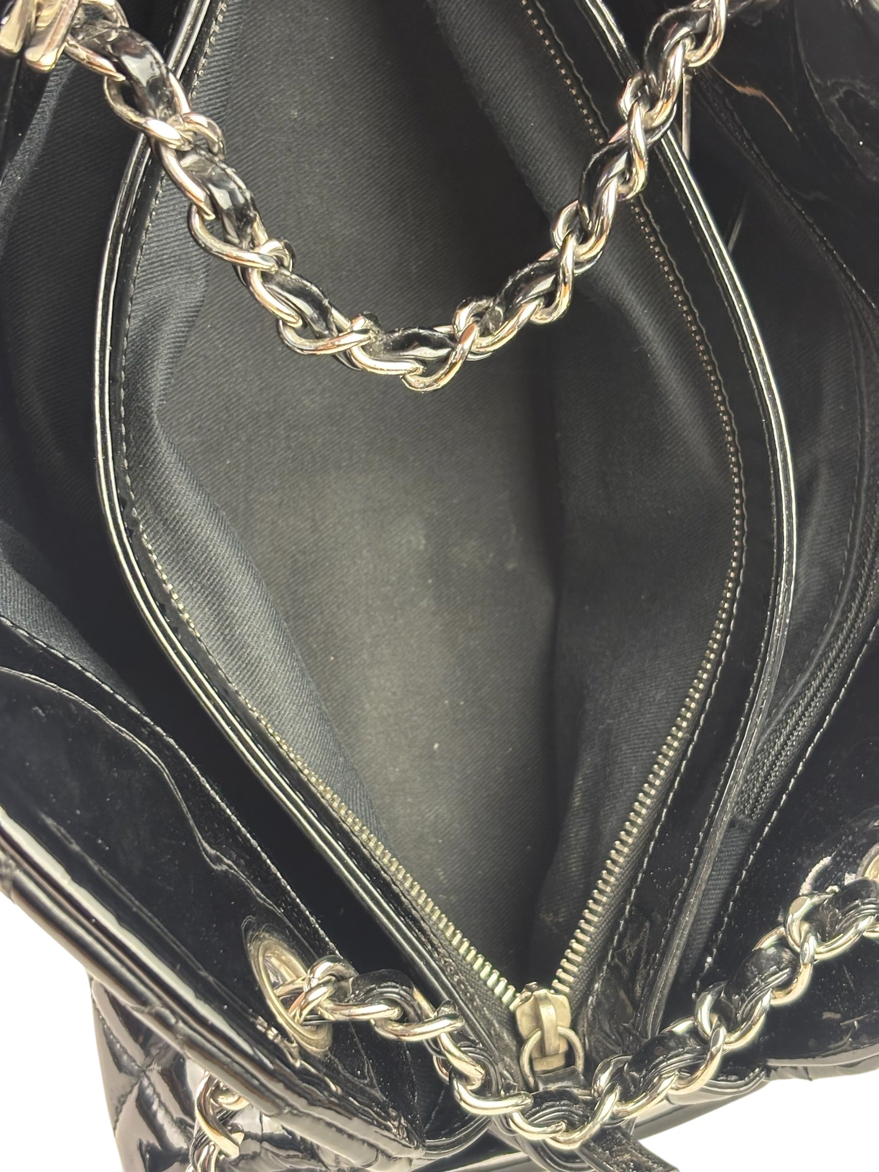 Chanel Black Patent Quilted Leather Just Mademoiselle Bowling Bag 2012