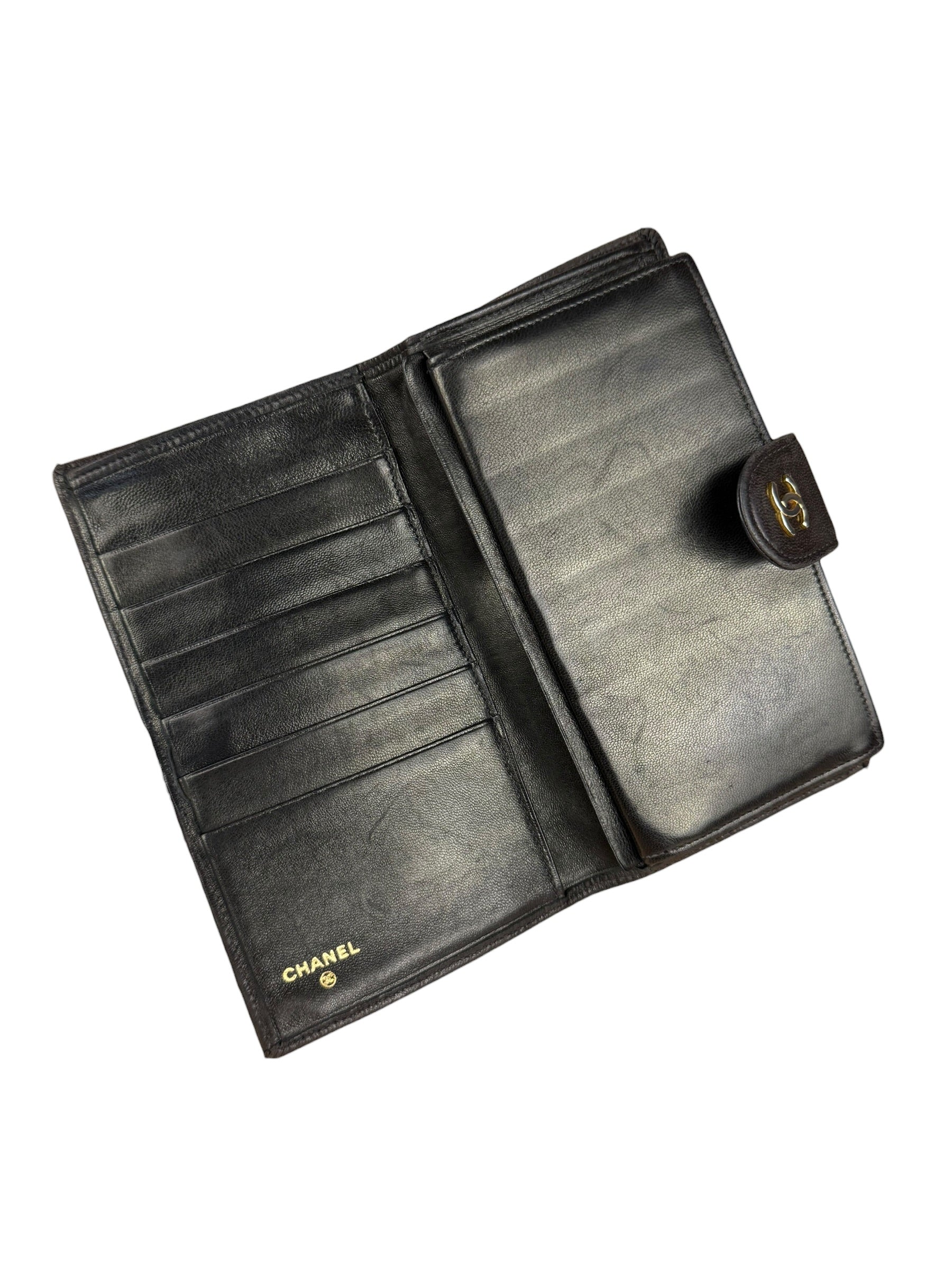 Chanel Vintage Dark Brown Leather Quilted CC Long Wallet