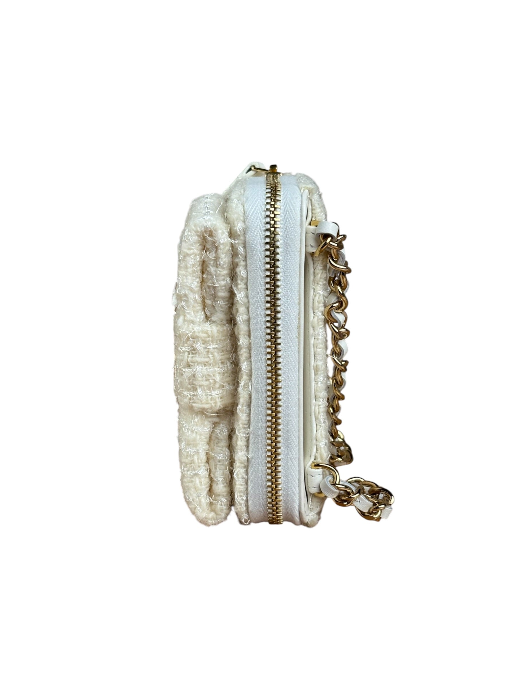 Chanel White Tweed Quilted Bow Wallet On Chain
