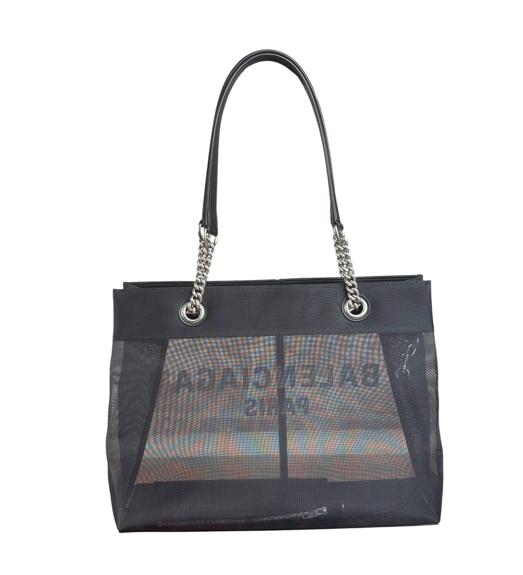 Balenciaga Black Leather Trim Mesh Duty Free Tote Bag