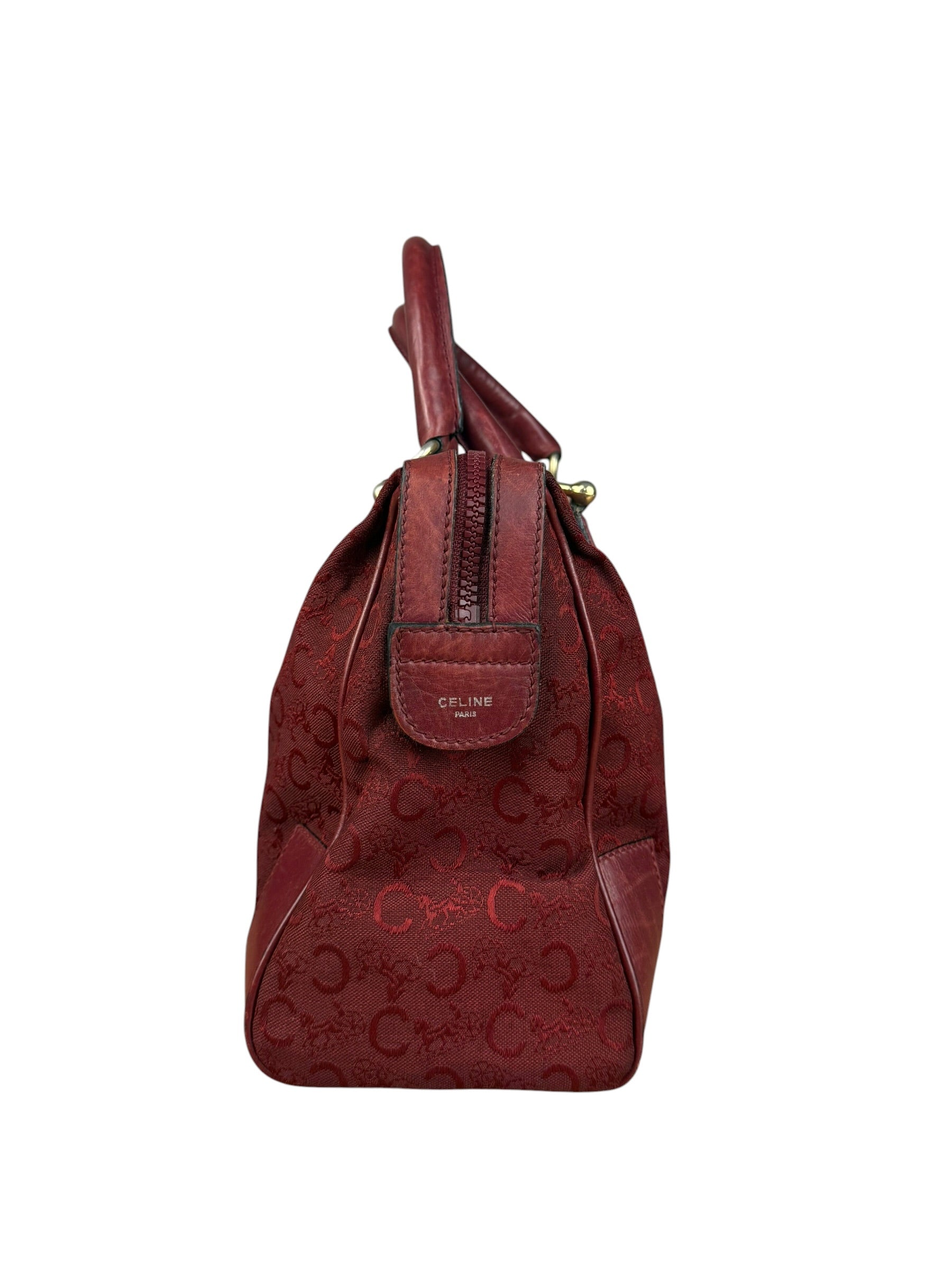 Celine Vintage Burgundy Macadam Print Mini Boston Handbag