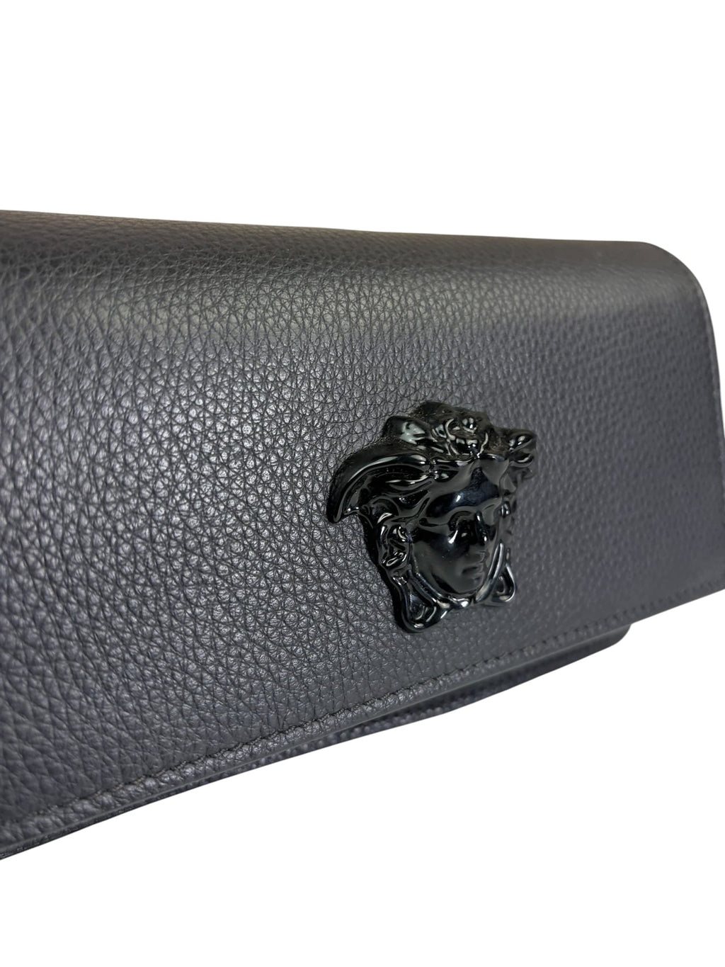 Versace Black Leather Palazzo Medusa Flap Wallet On Chain